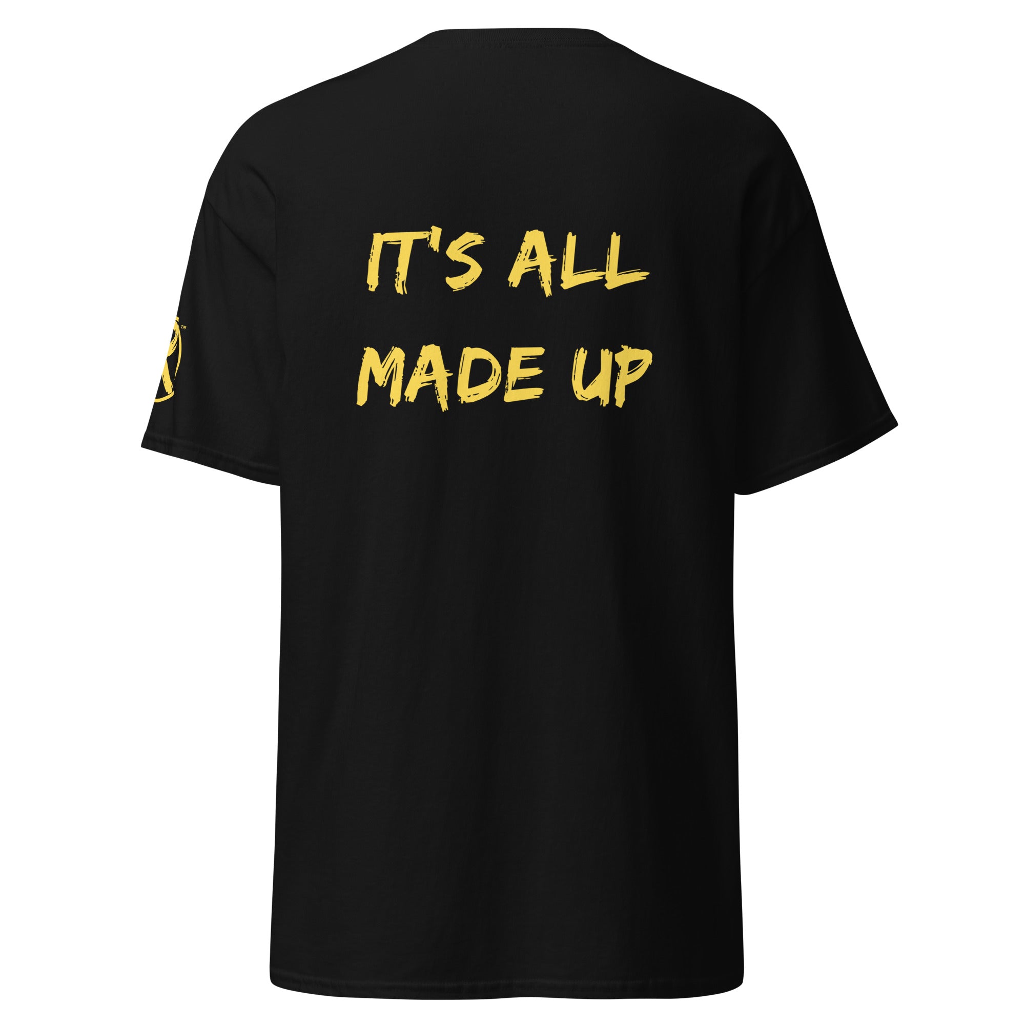 Revolution streetwear black classic t-shirt yellow IT'S ALL MADE UP graphics back view