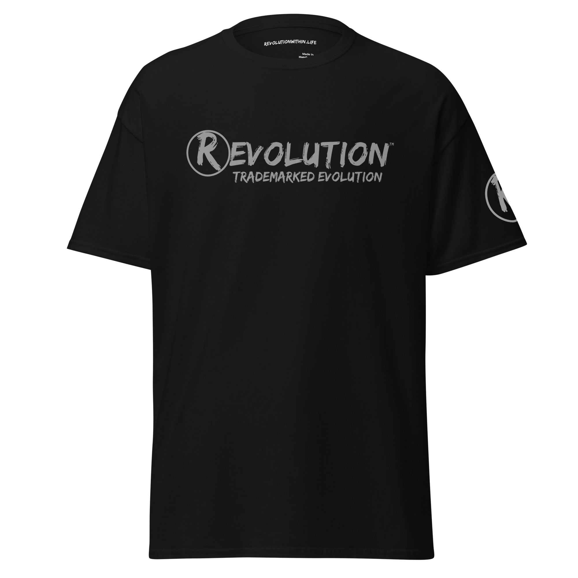 Revolution streetwear black classic t-shirt gray GOD'S LOVE graphics front view