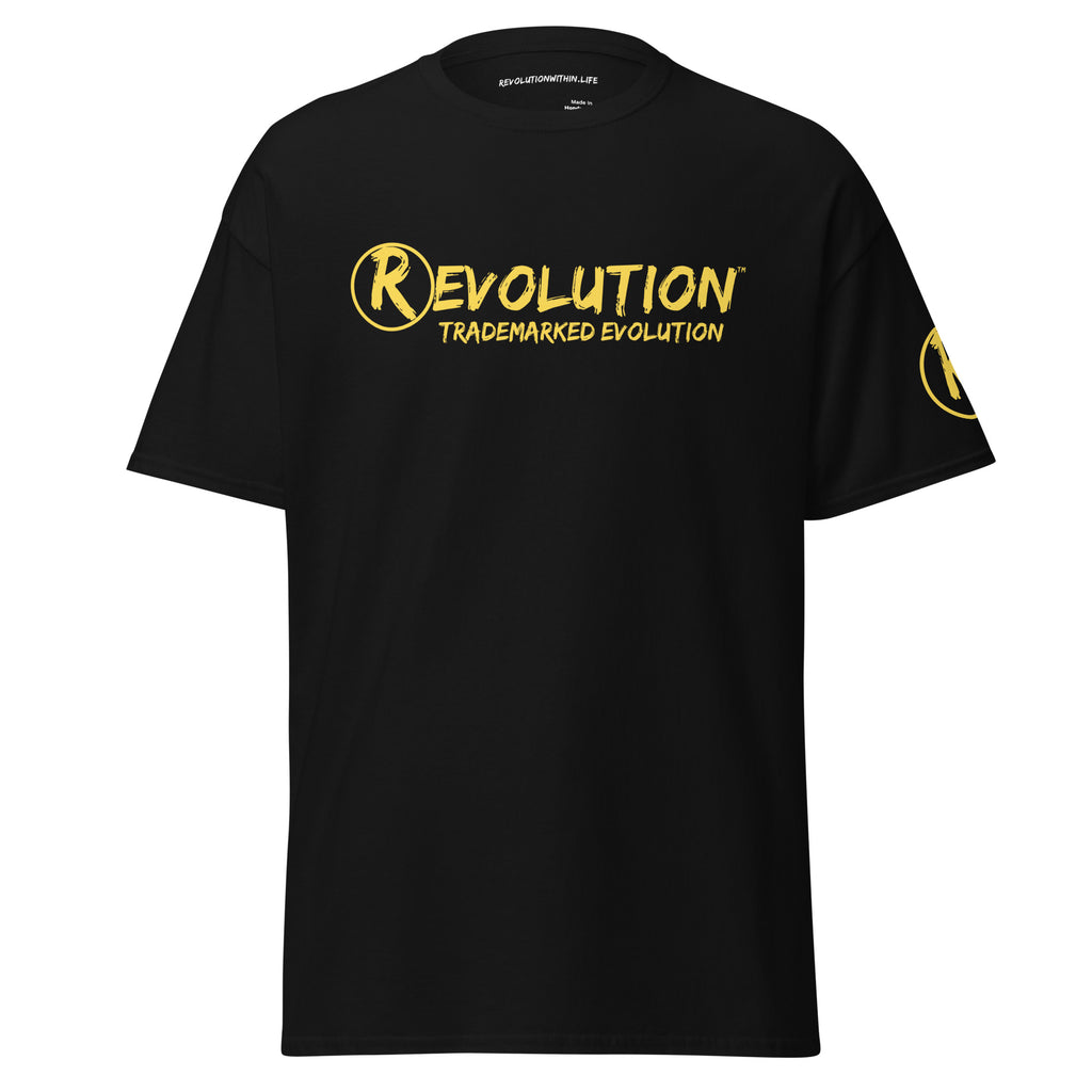 Revolution streetwear black classic t-shirt yellow GOD'S LOVE graphics front view