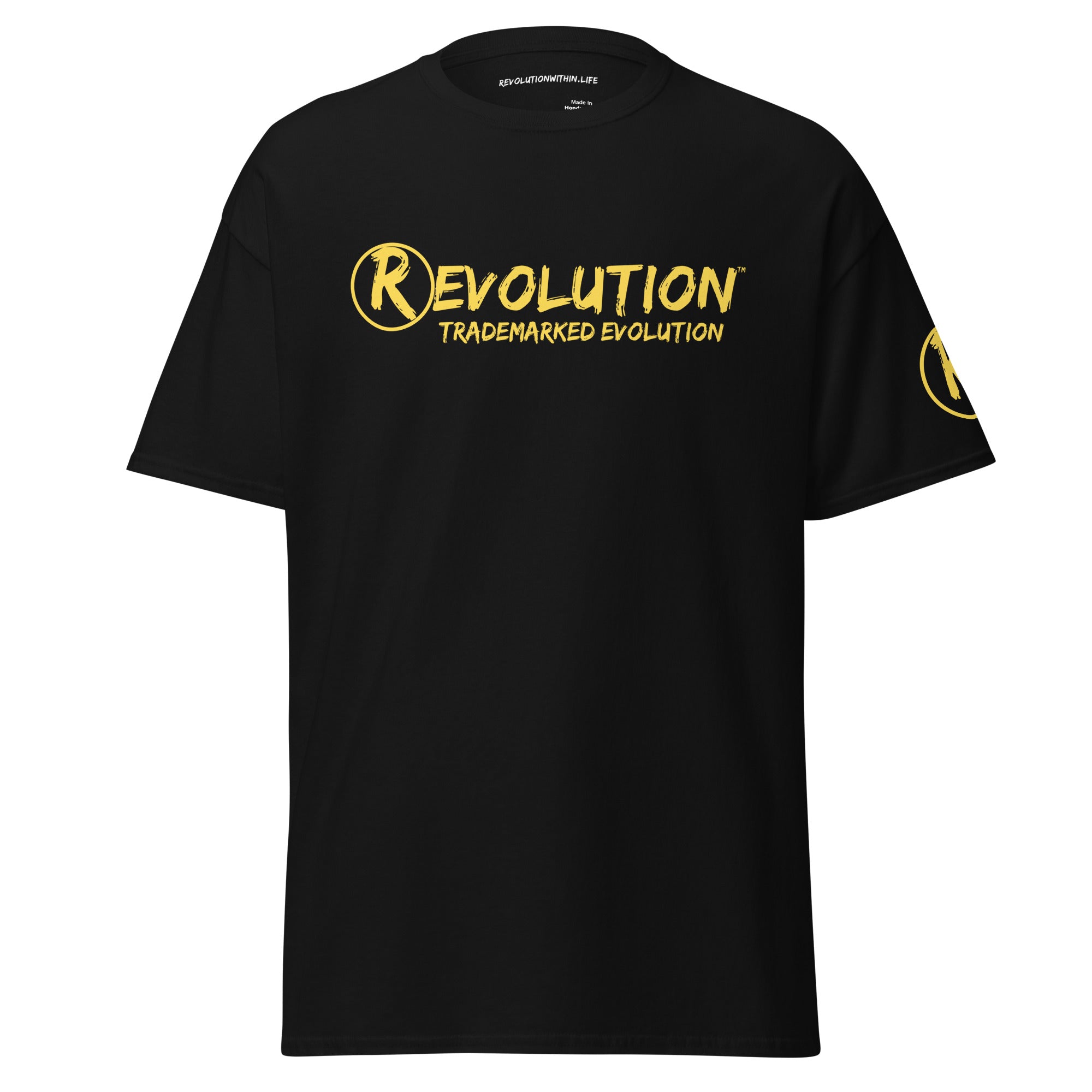 Revolution streetwear black classic t-shirt yellow GOD'S LOVE graphics front view