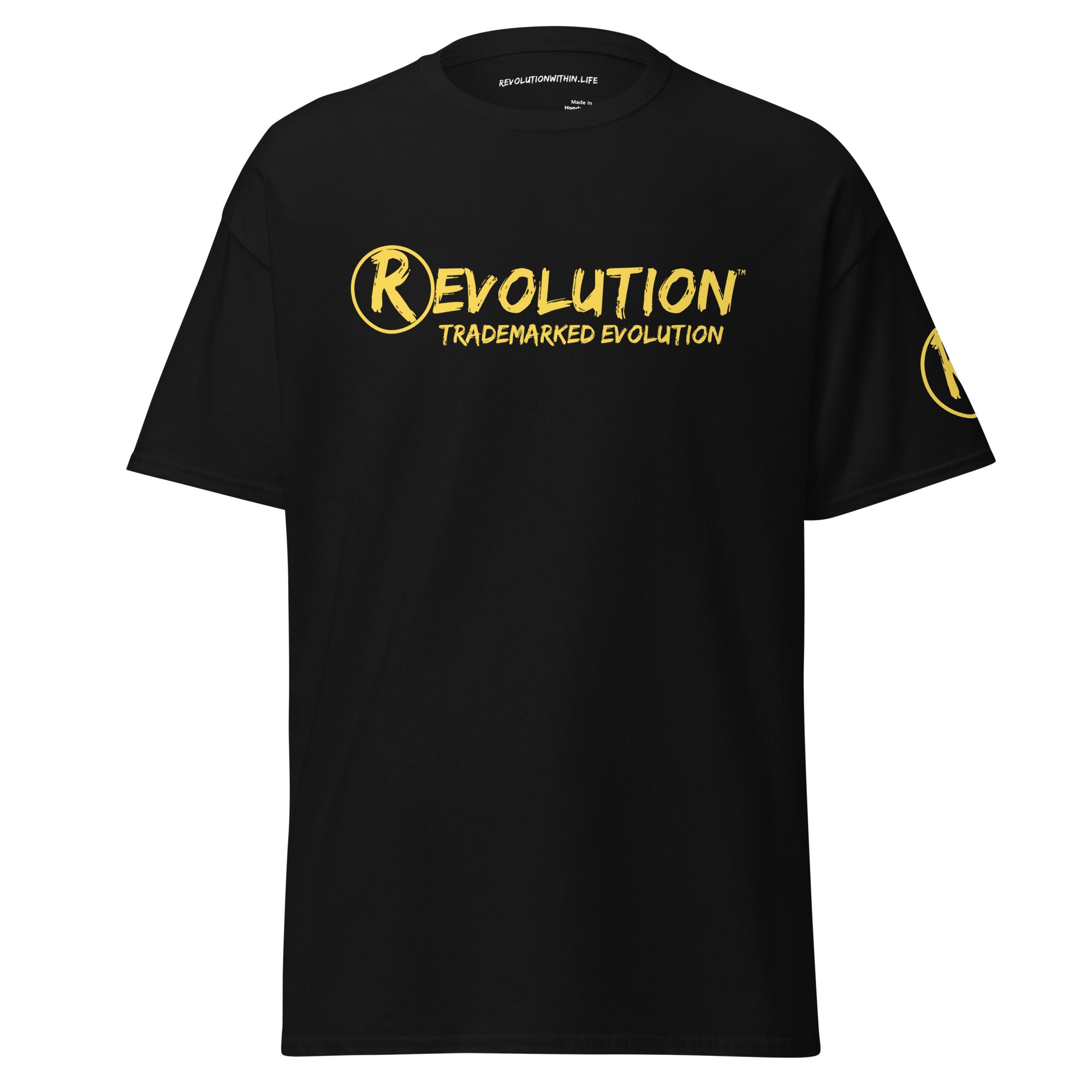 Revolution streetwear black classic t-shirt yellow IT'S ALL MADE UP graphics front view