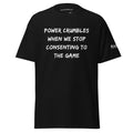 Revolution streetwear black classic t-shirt white POWER CRUMBLES graphics front view