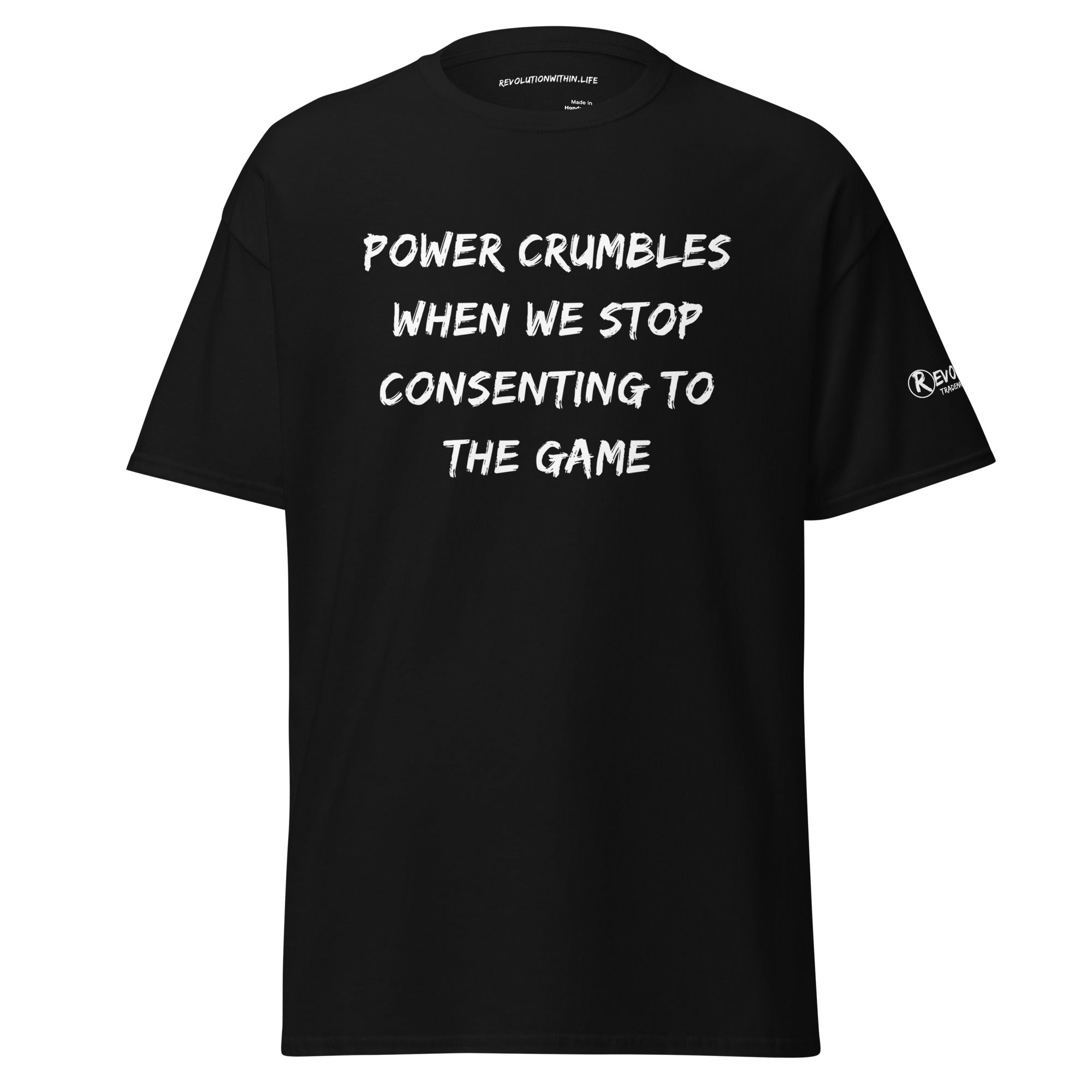 Revolution streetwear black classic t-shirt white POWER CRUMBLES graphics front view