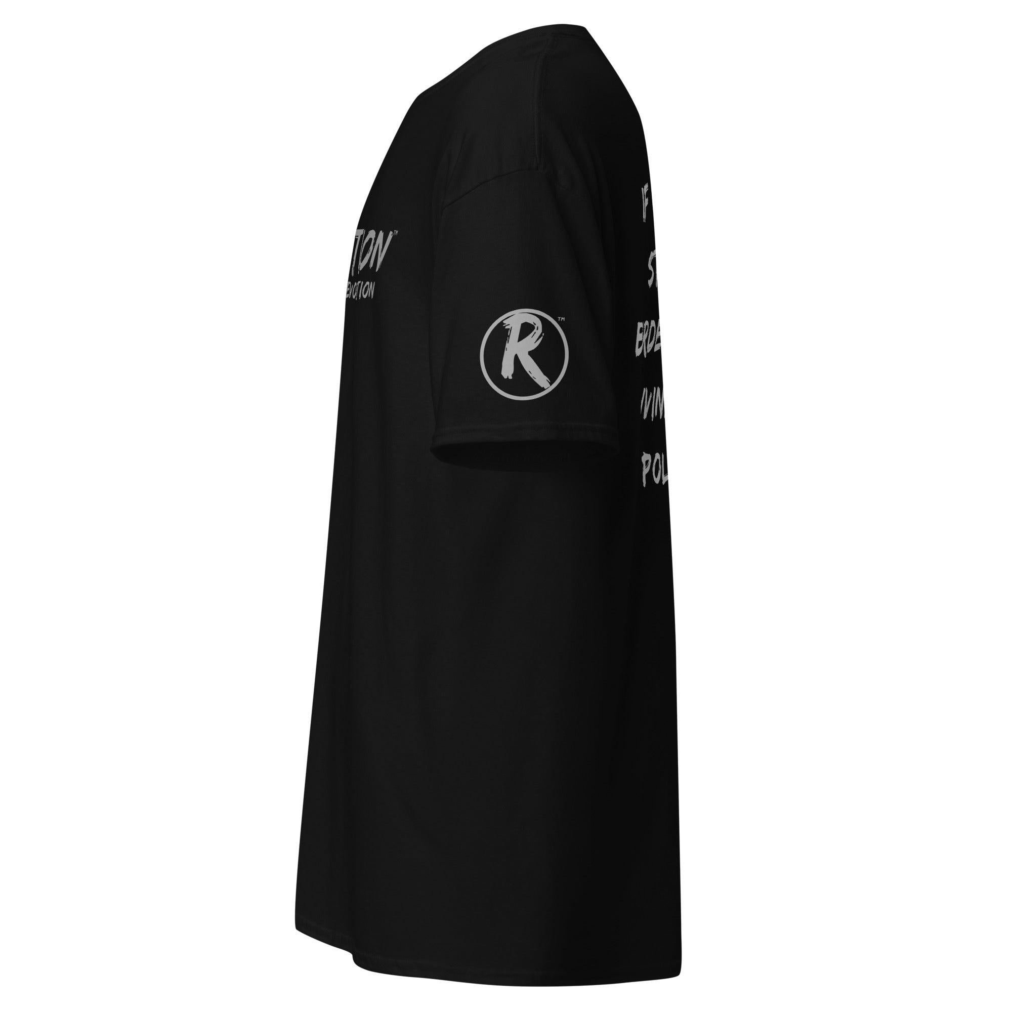 Revolution streetwear black classic t-shirt gray GOD'S LOVE graphics left side view