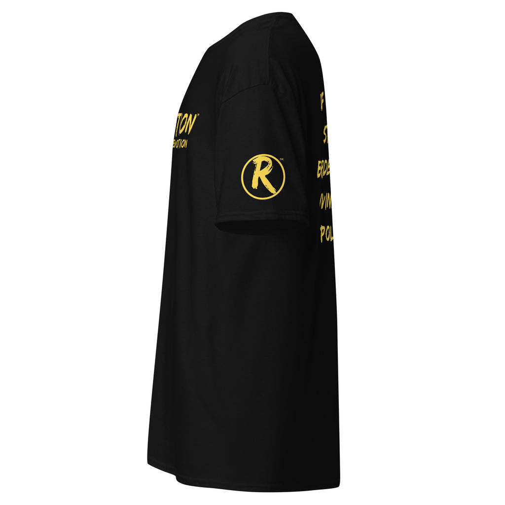 Revolution streetwear black classic t-shirt yellow GOD'S LOVE graphics left side view