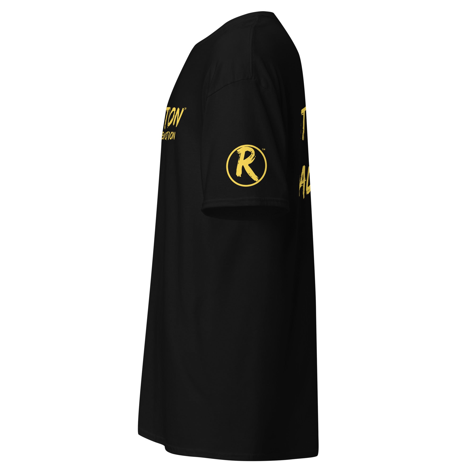 Revolution streetwear black classic t-shirt yellow IT'S ALL MADE UP graphics left side view