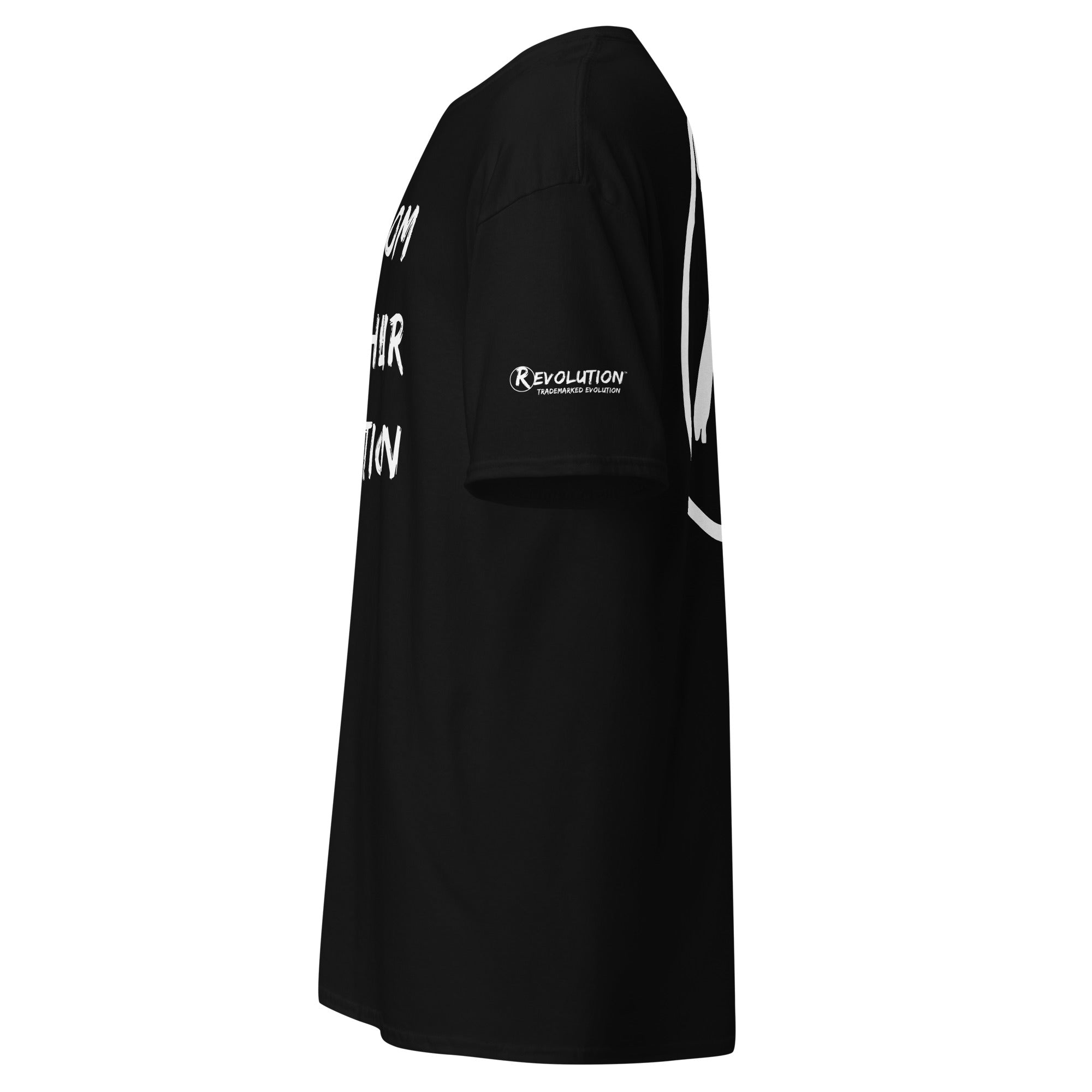 Revolution streetwear black classic t-shirt white FREEDOM WITH THEIR EXCEPTION graphics left side view