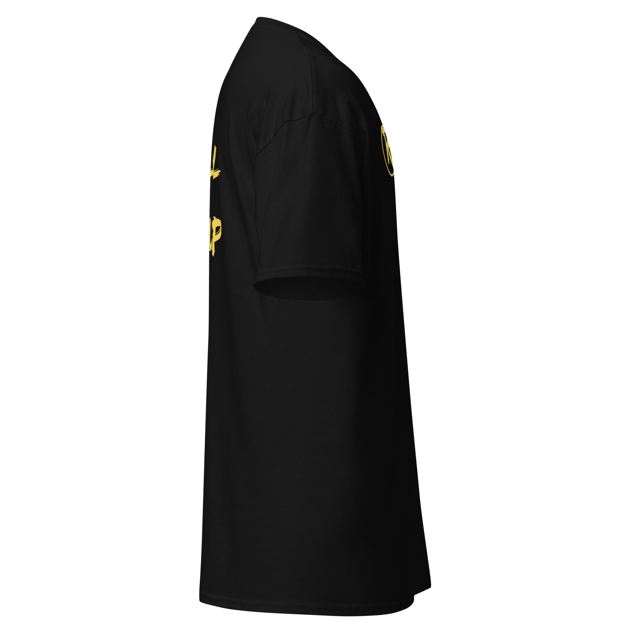 Revolution streetwear black classic t-shirt yellow IT'S ALL MADE UP graphics right side view