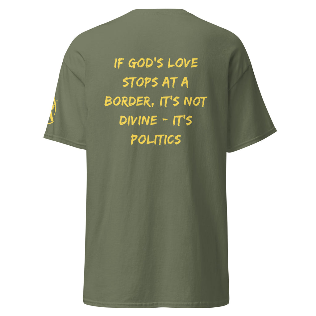 Revolution streetwear military green classic t-shirt yellow GOD'S LOVE graphics back view