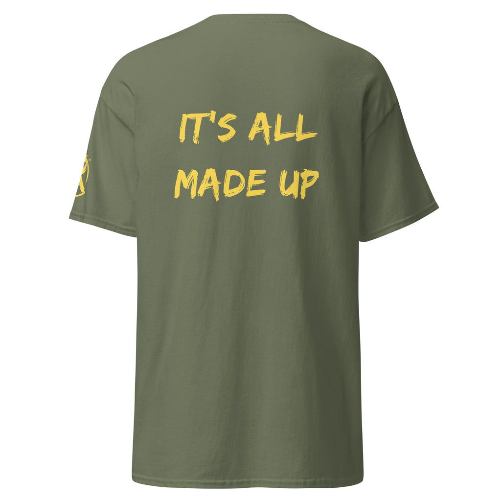 Revolution streetwear military green classic t-shirt yellow IT'S ALL MADE UP graphics back view