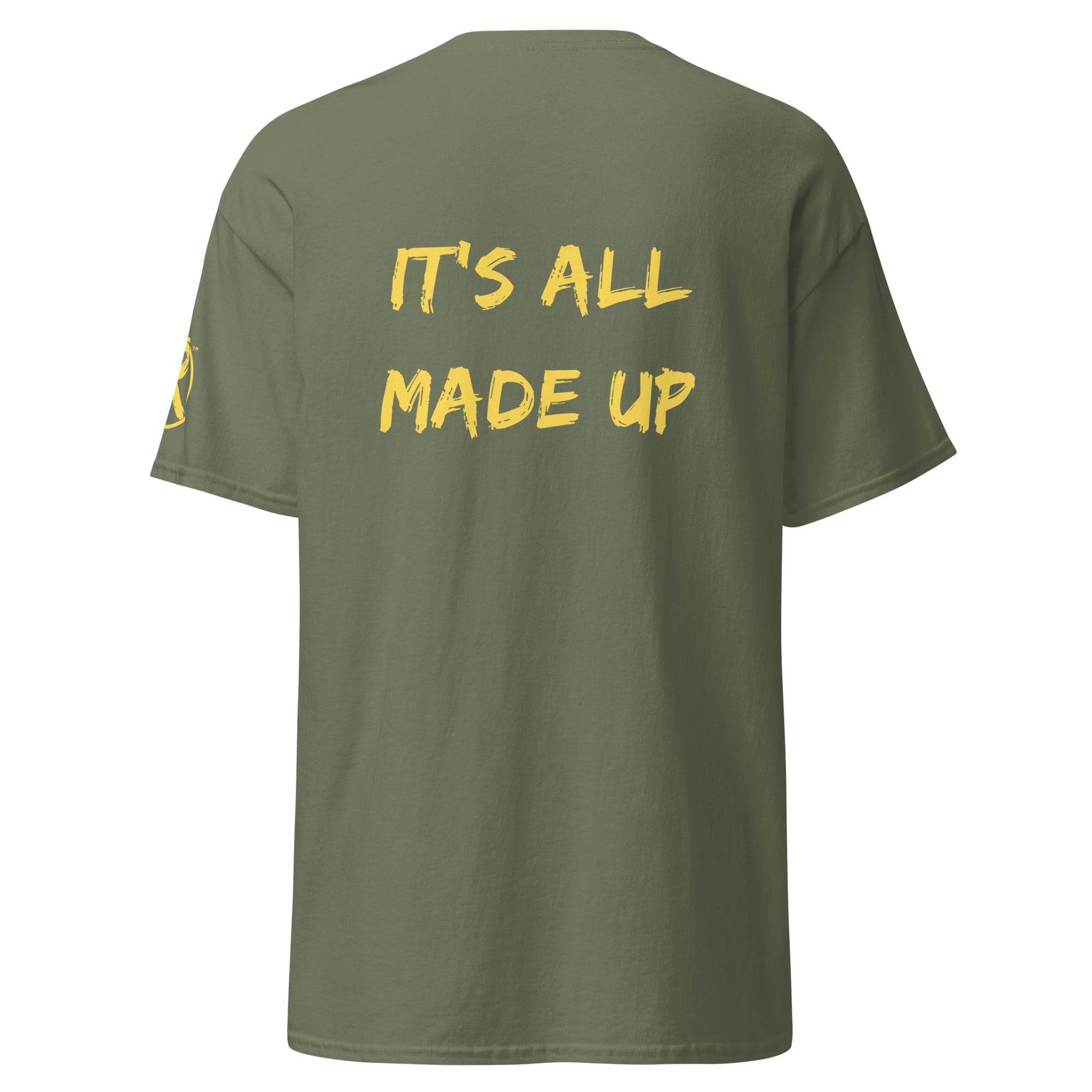 Revolution streetwear military green classic t-shirt yellow IT'S ALL MADE UP graphics back view