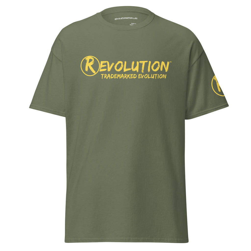 Revolution streetwear military green classic t-shirt yellow GOD'S LOVE graphics front view