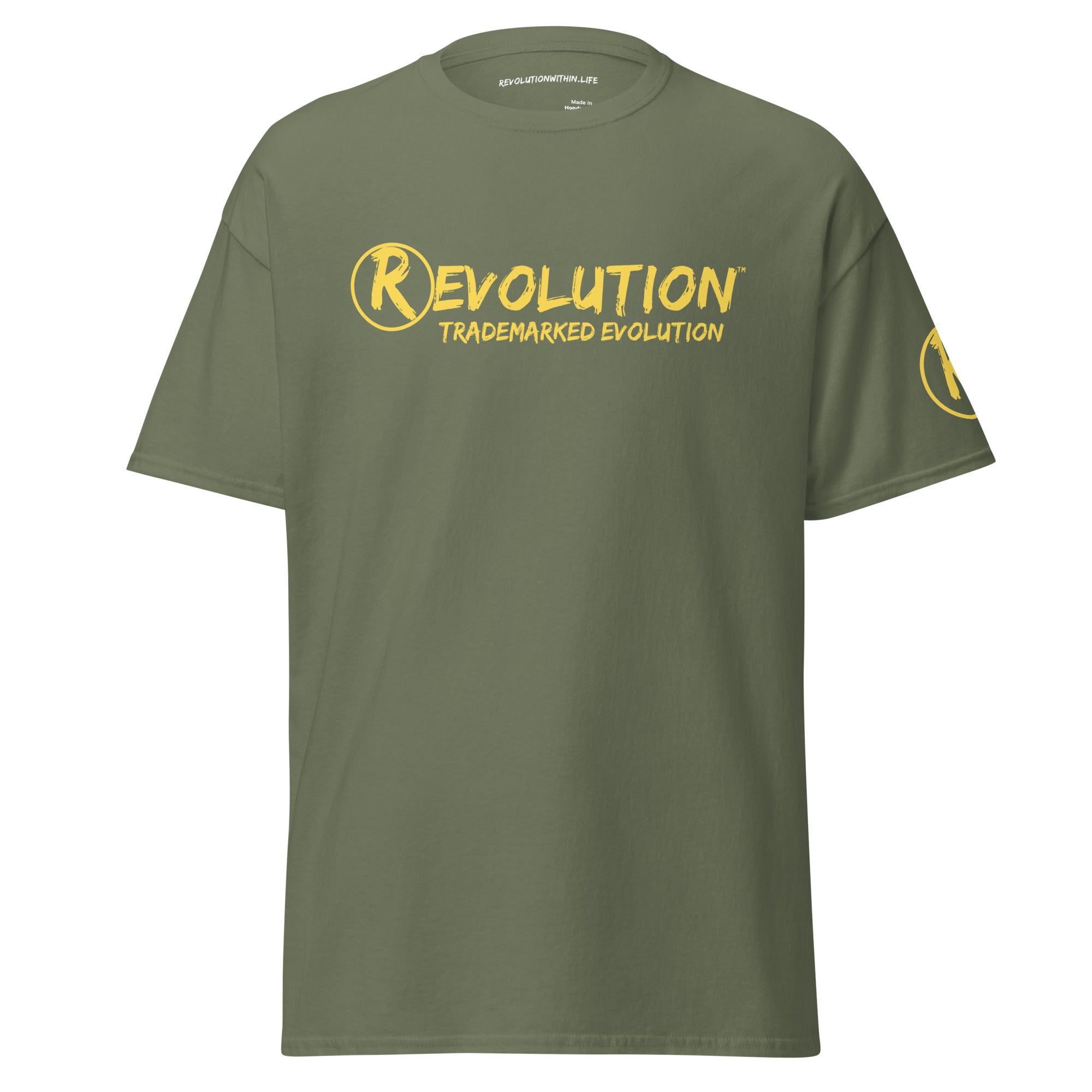 Revolution streetwear military green classic t-shirt yellow GOD'S LOVE graphics front view