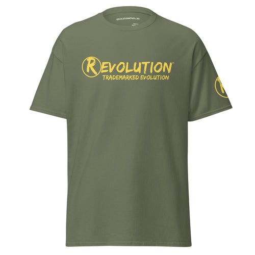 Revolution streetwear military green classic t-shirt yellow GOD'S LOVE graphics front view