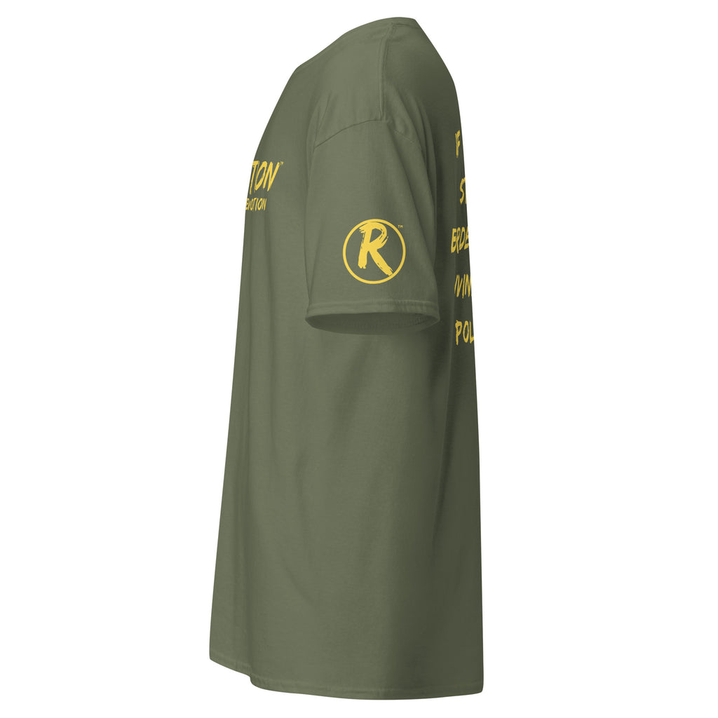 Revolution streetwear military green classic t-shirt yellow GOD'S LOVE graphics left side view