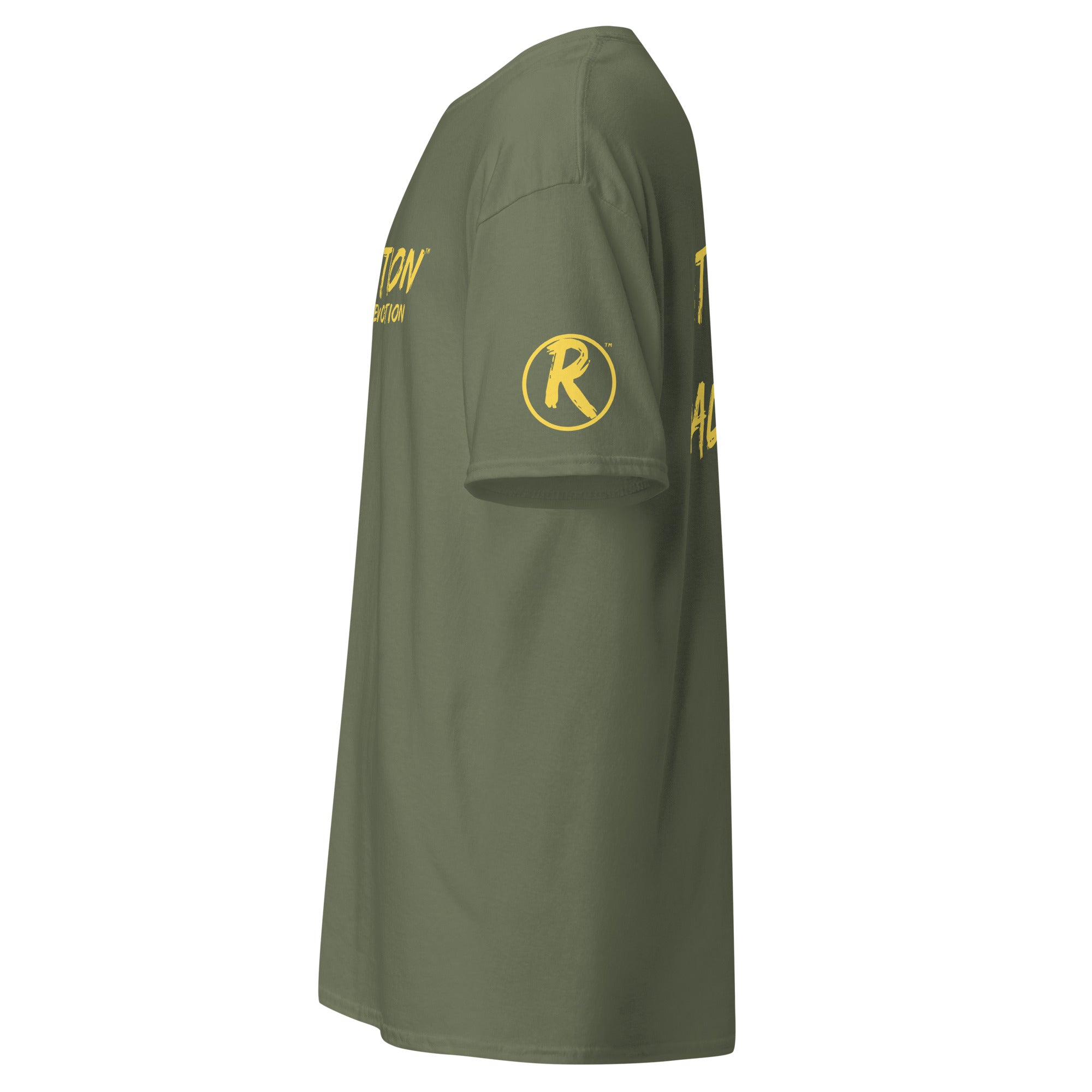 Revolution streetwear military green classic t-shirt yellow IT'S ALL MADE UP graphics left side view