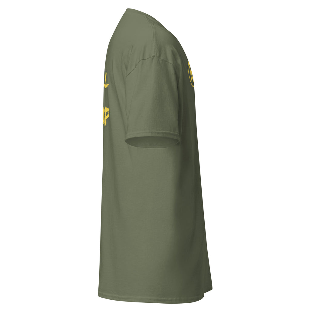 Revolution streetwear military green classic t-shirt yellow IT'S ALL MADE UP graphics right side view