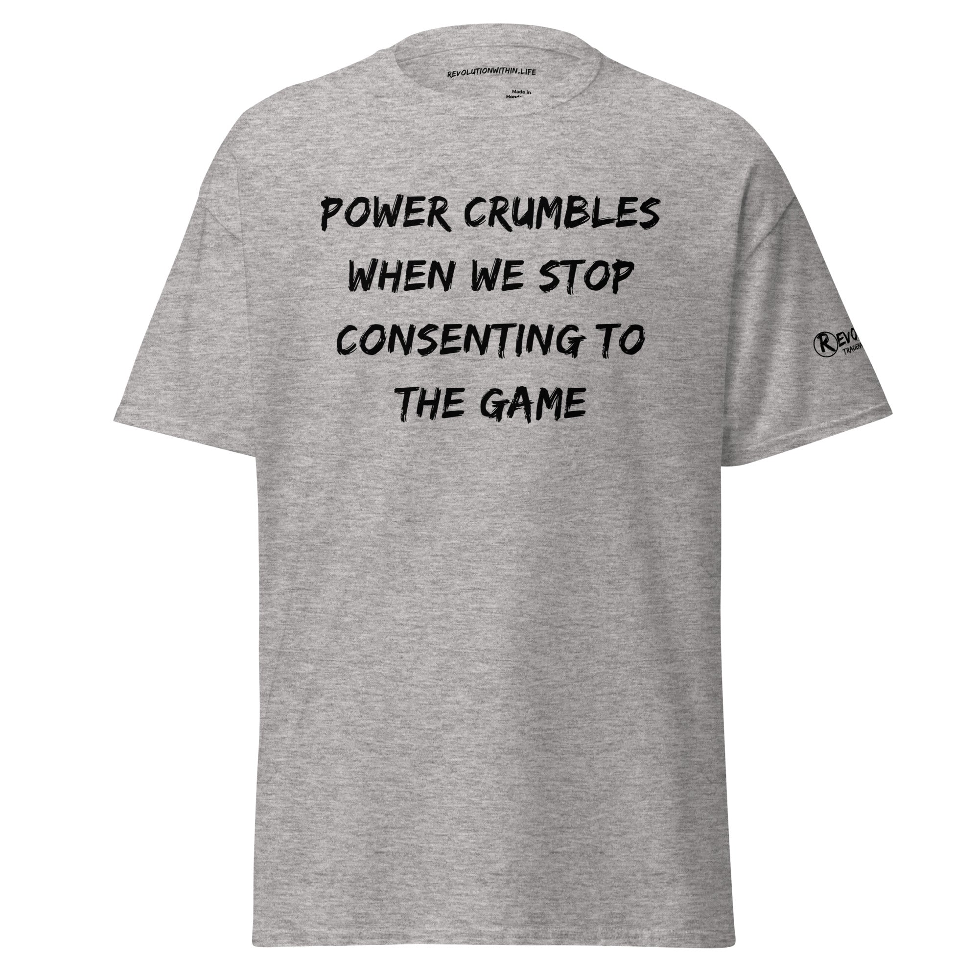 Revolution streetwear sport grey classic t-shirt black POWER CRUMBLES graphics front view