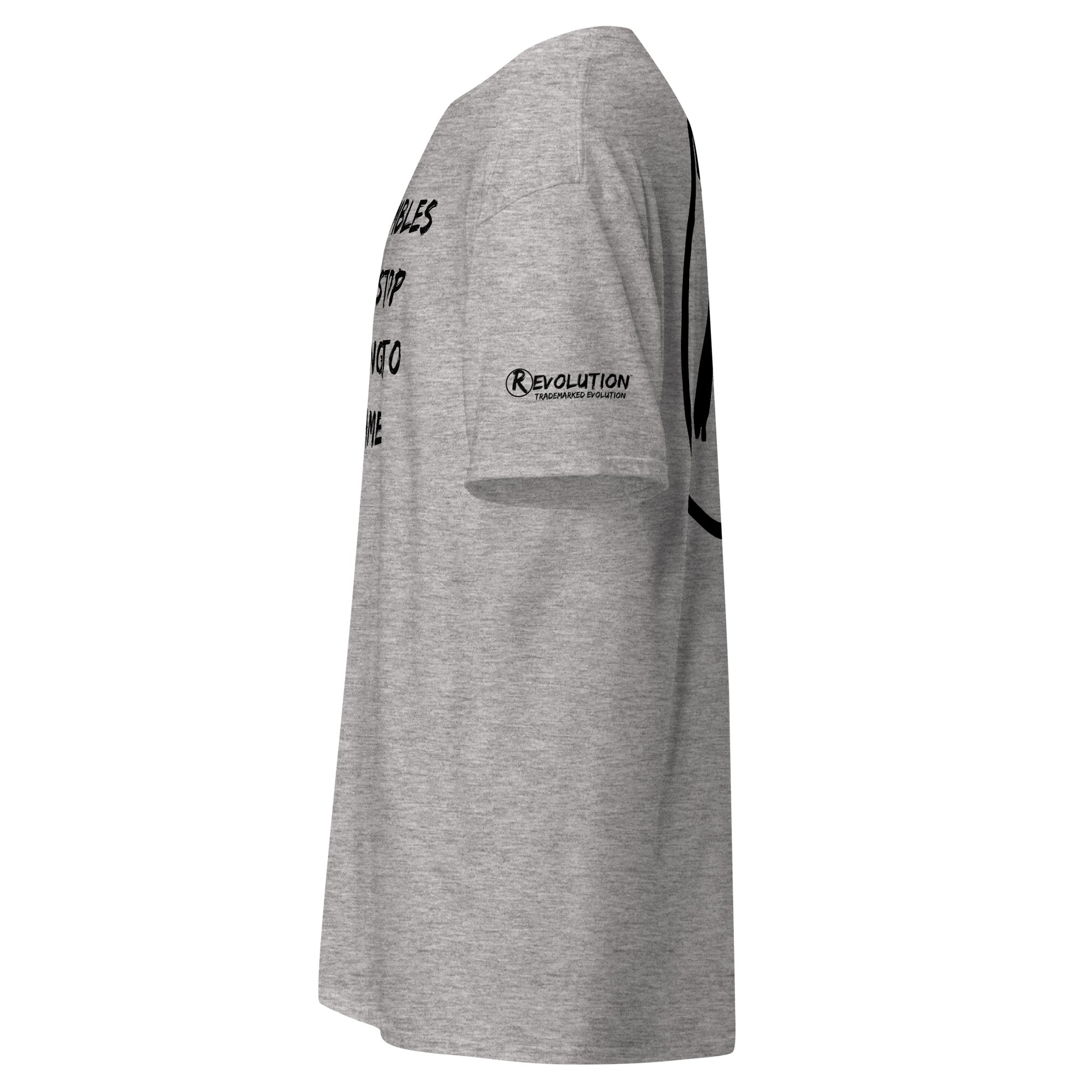 Revolution streetwear sport grey classic t-shirt black POWER CRUMBLES graphics left side view