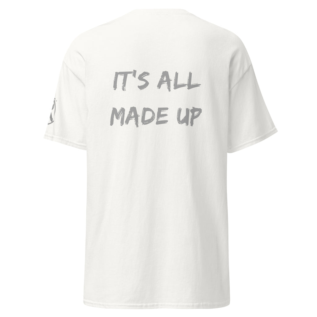 Revolution streetwear white classic t-shirt gray IT'S ALL MADE UP graphics back view