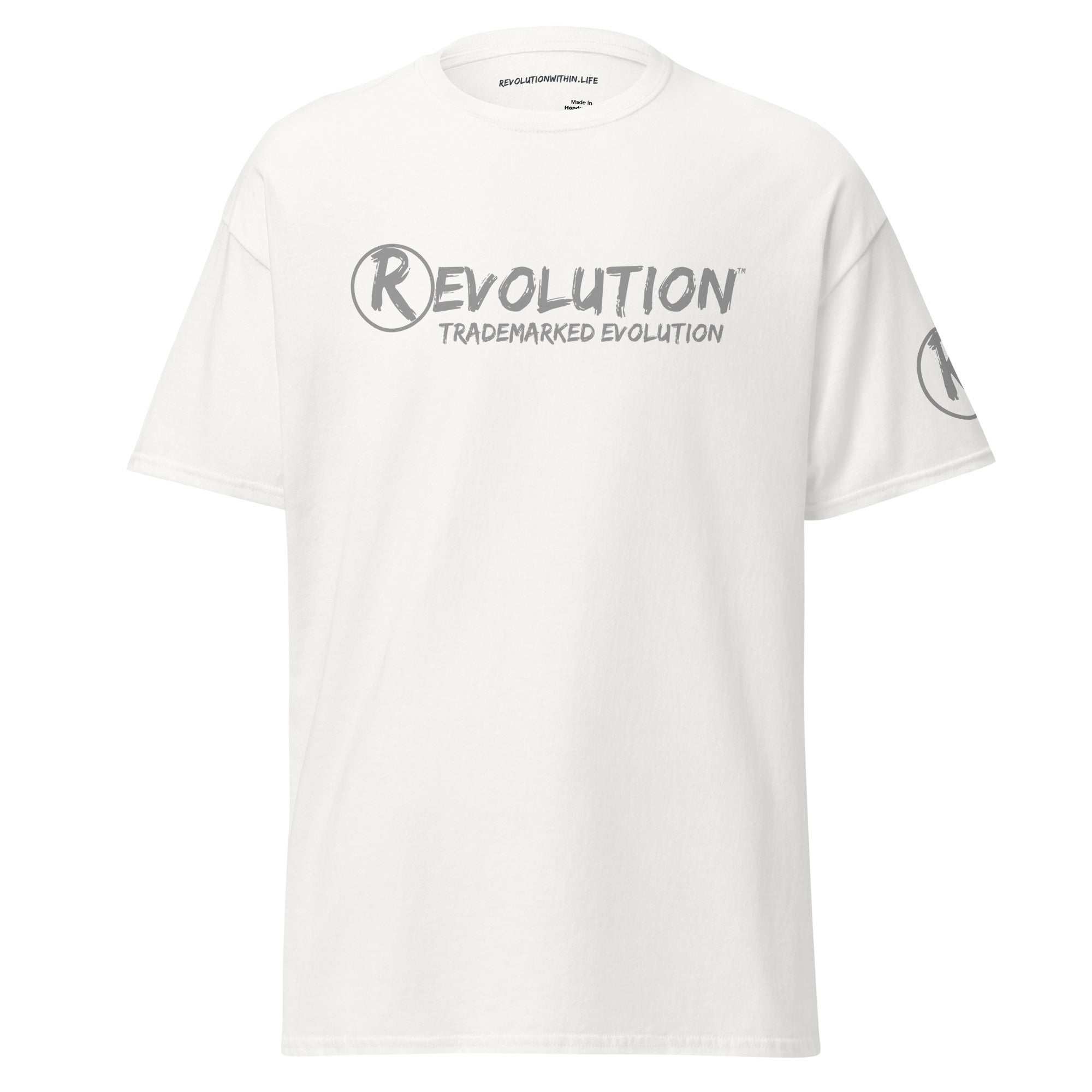 Revolution streetwear white classic t-shirt gray IT'S ALL MADE UP graphics front view