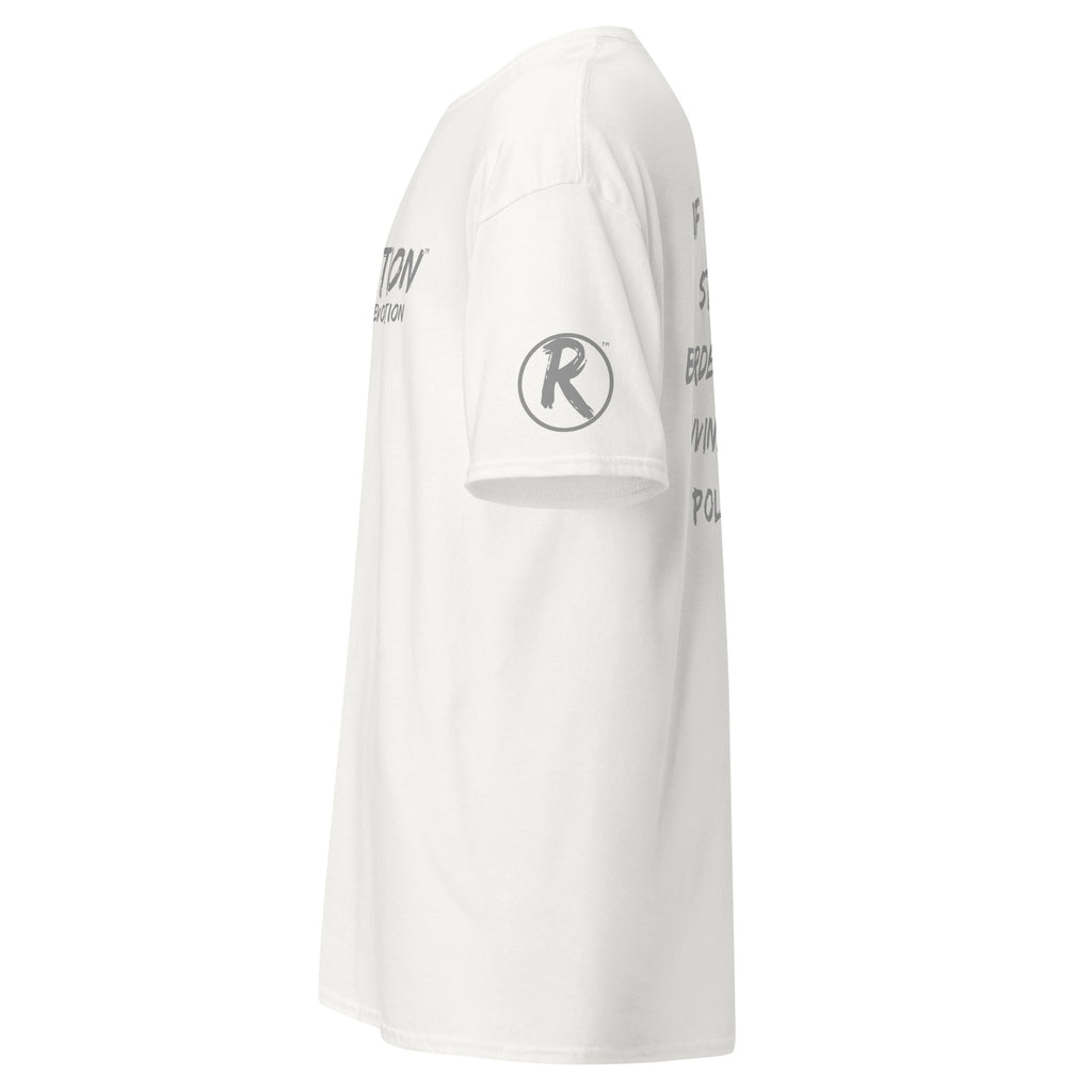 Revolution streetwear white classic t-shirt gray GOD'S LOVE graphics left side view