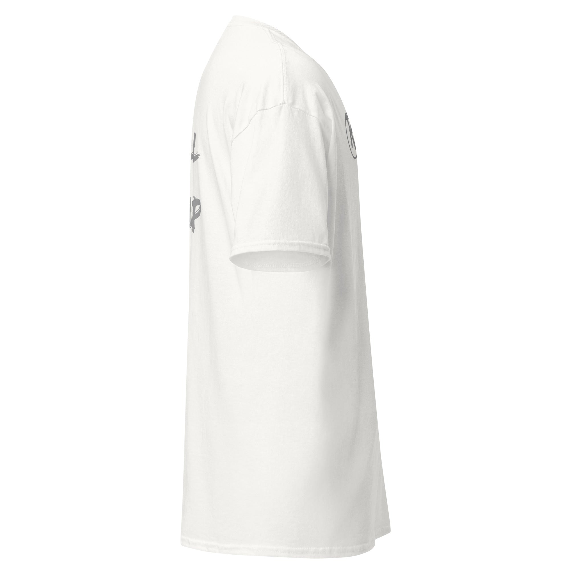 Revolution streetwear white classic t-shirt gray IT'S ALL MADE UP graphics right side view