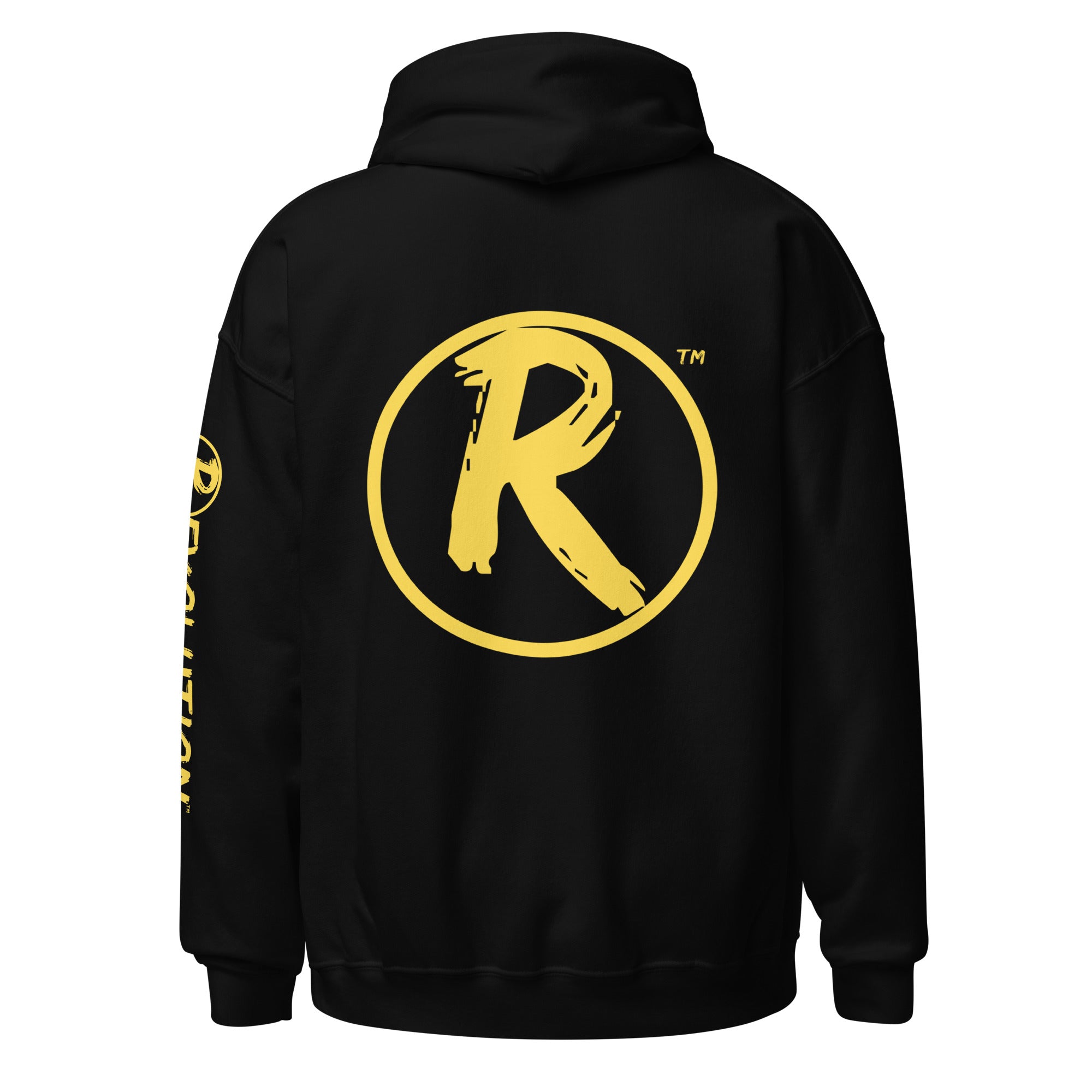 Revolution streetwear black classic hoodie yellow GOD'S LOVE graphics back view