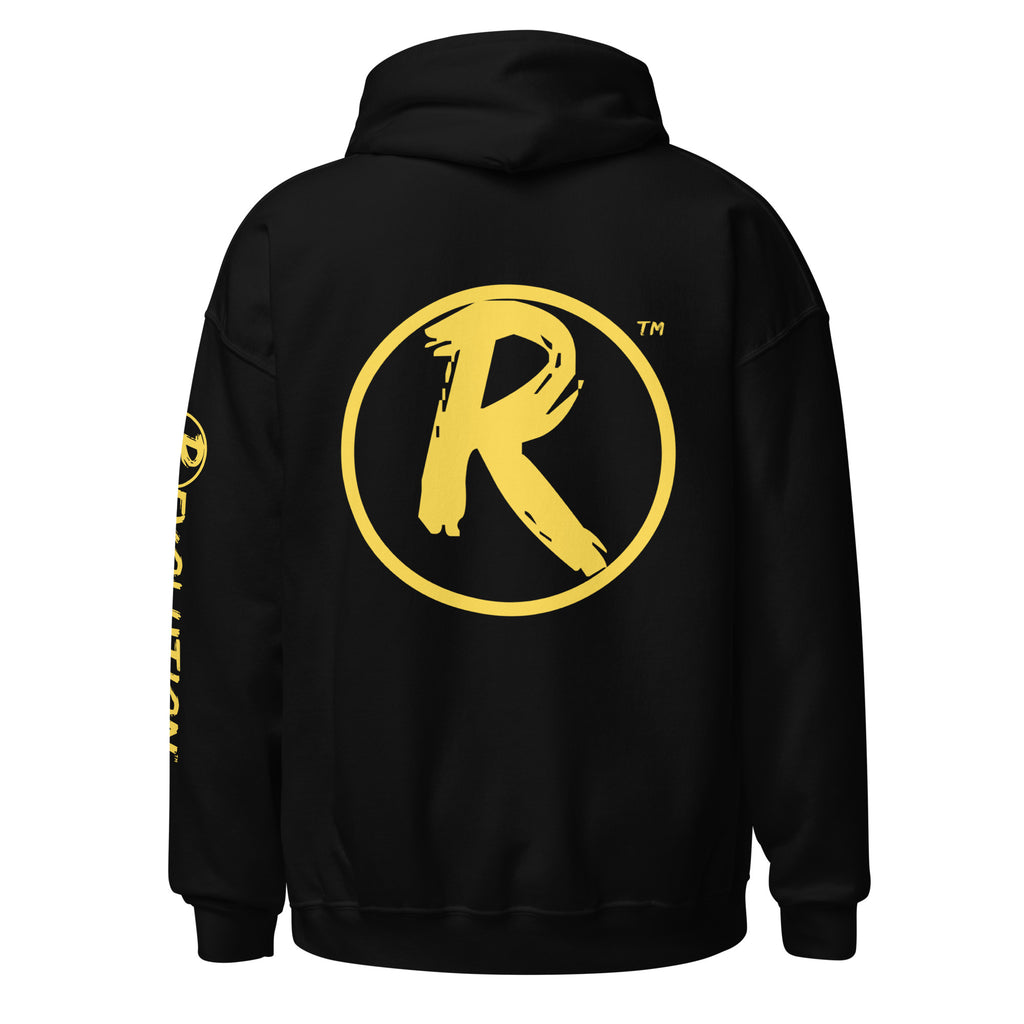 Revolution streetwear black classic hoodie yellow IT'S ALL MADE UP graphics back view