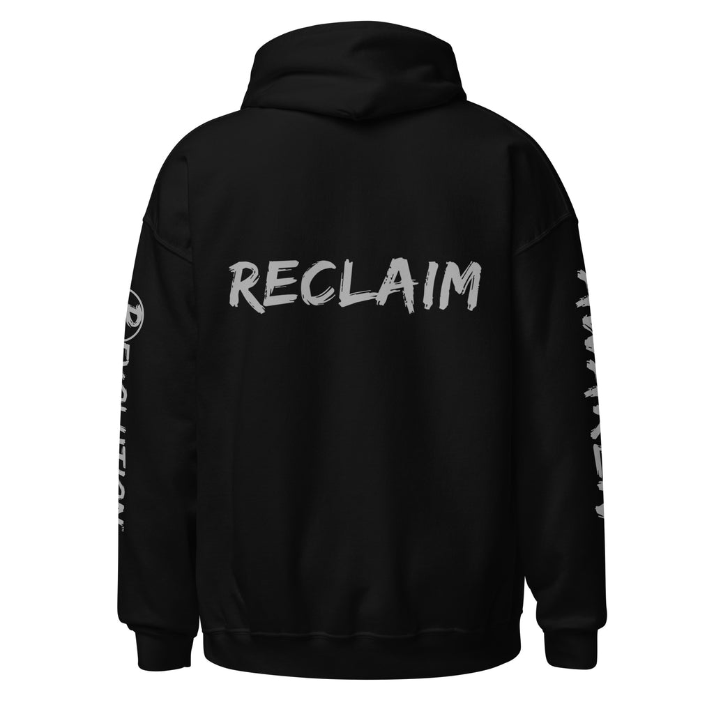 Revolution streetwear black classic hoodie gray UNLEARN AWAKEN RECLAIM graphics back view