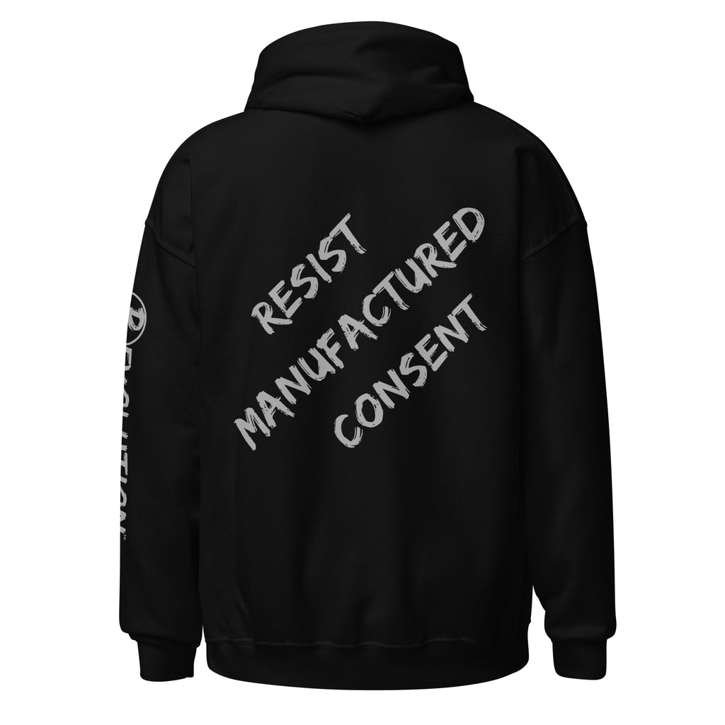 Revolution streetwear black classic hoodie gray RESIST MANUFACTURED CONSENT graphics back view