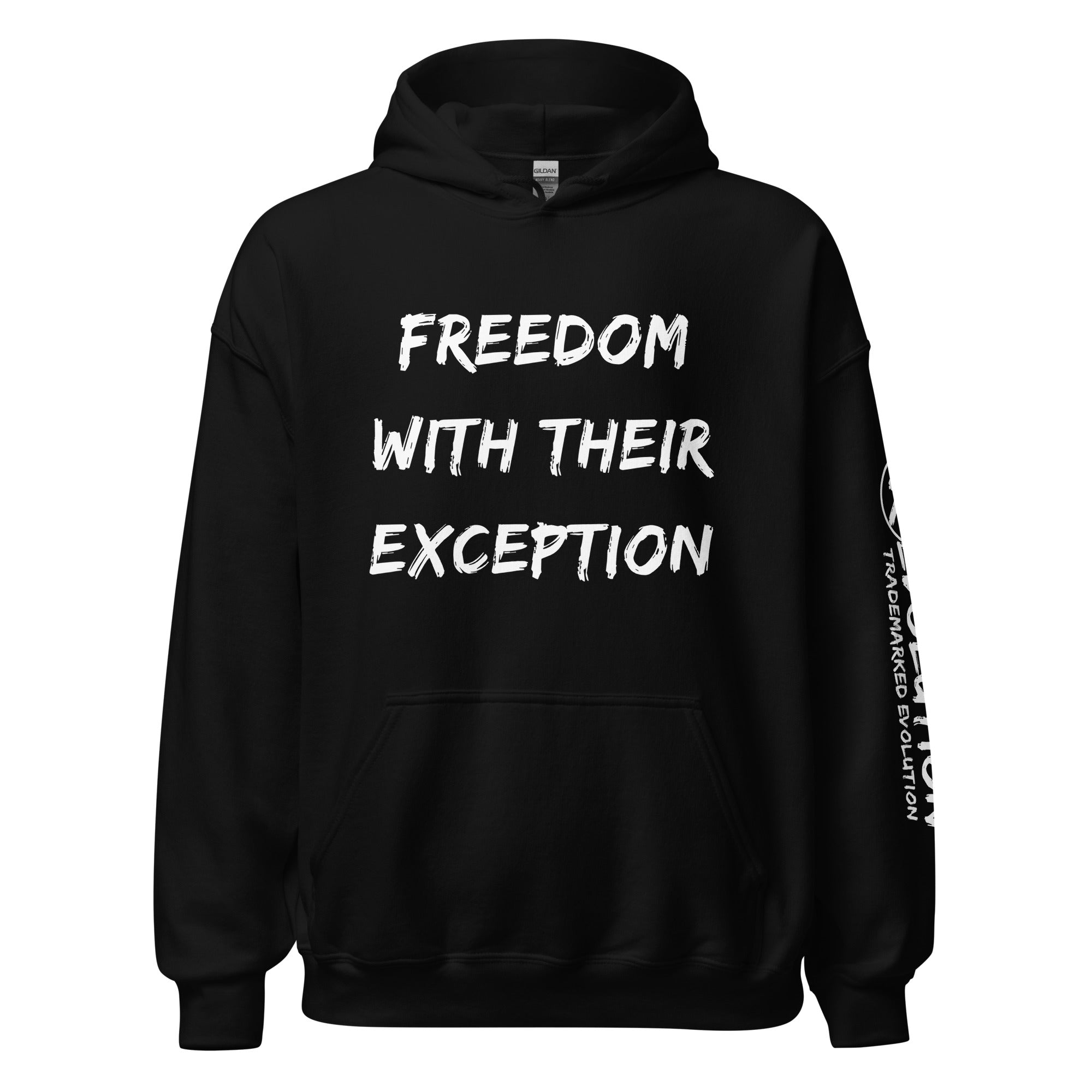 Revolution streetwear black classic hoodie white FREEDOM WITH THEIR EXCEPTION graphics front view
