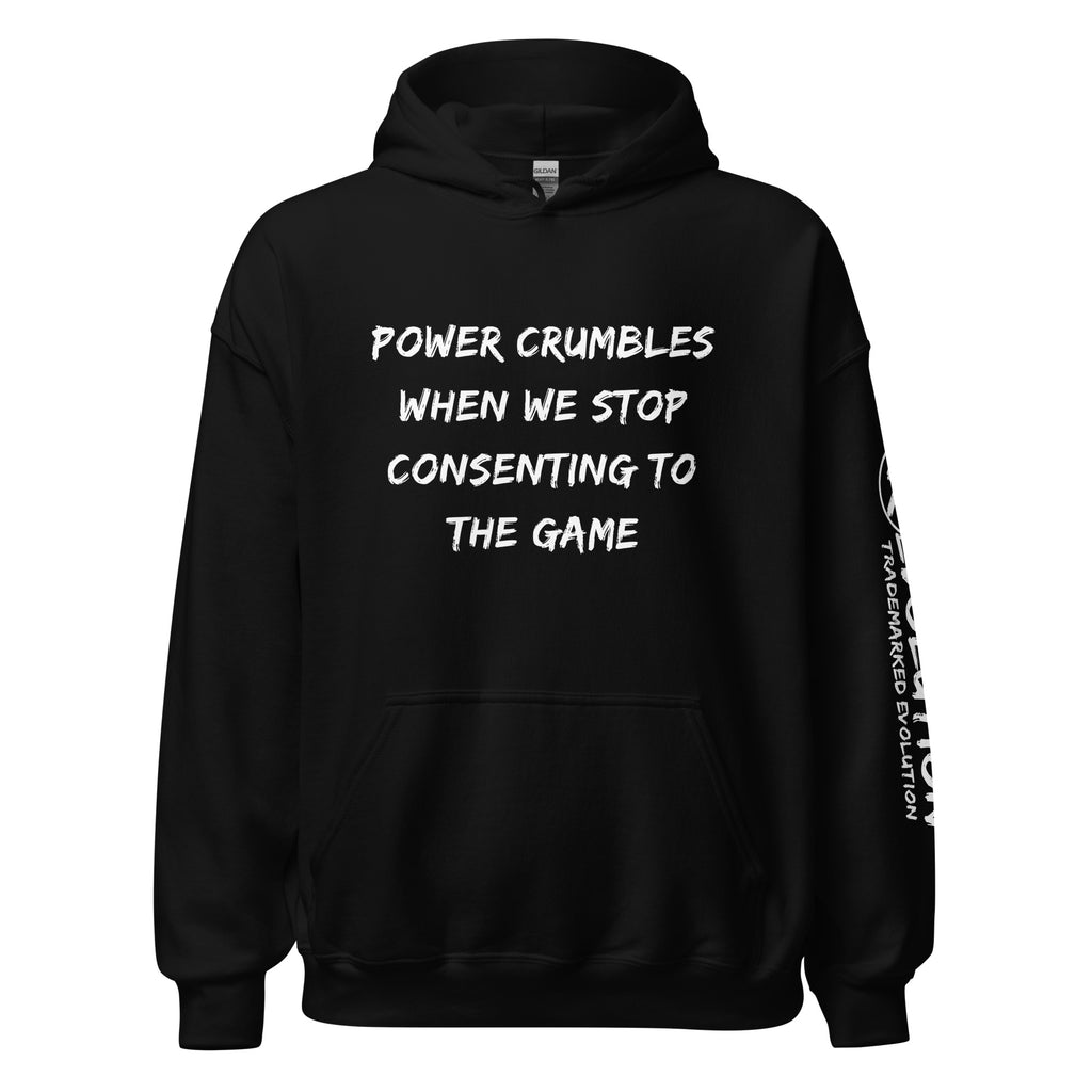 Revolution streetwear black classic hoodie white POWER CRUMBLES graphics front view