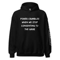 Revolution streetwear black classic hoodie white POWER CRUMBLES graphics front view