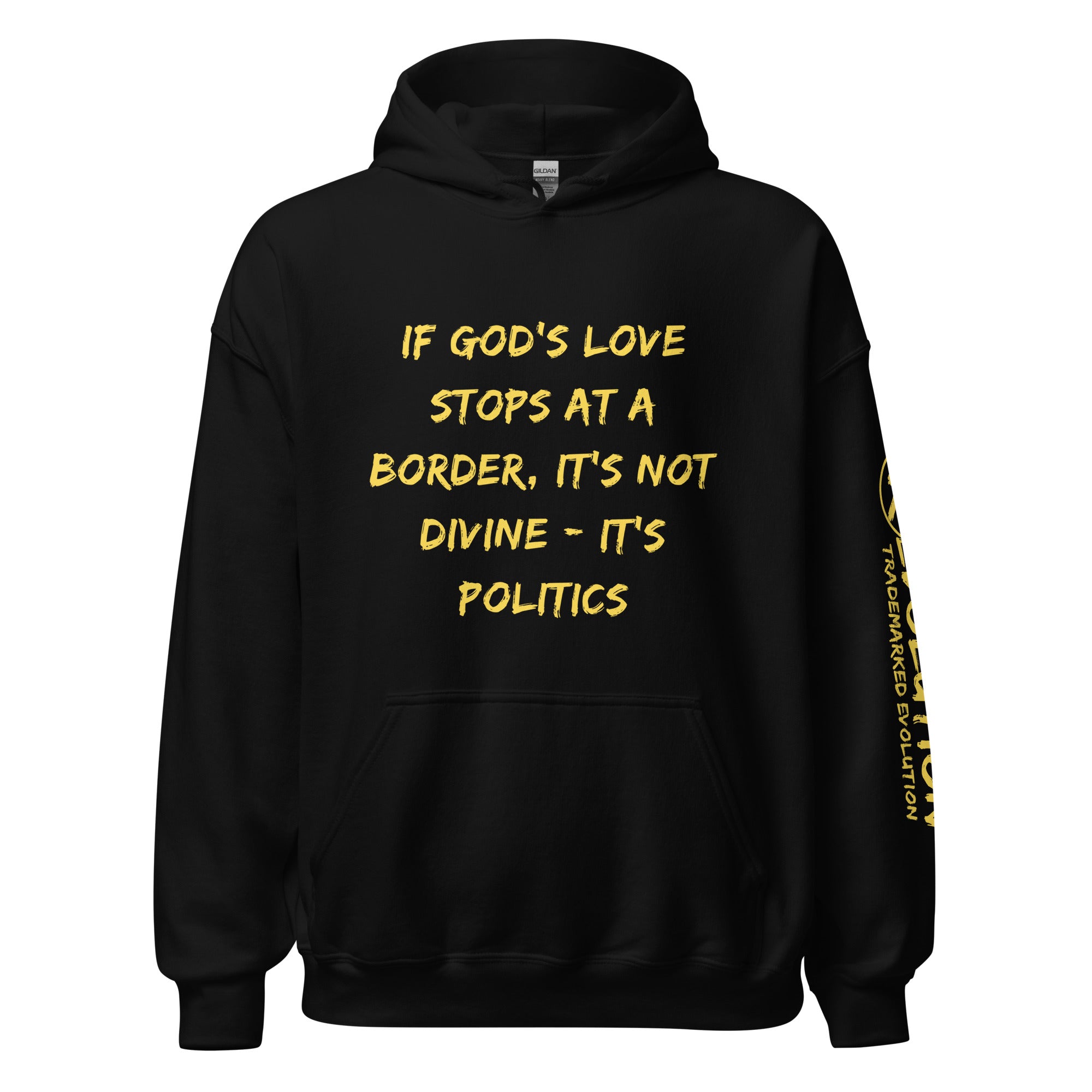 Revolution streetwear black classic hoodie yellow GOD'S LOVE graphics front view