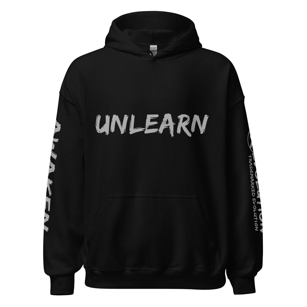 Revolution streetwear black classic hoodie gray UNLEARN AWAKEN RECLAIM graphics front view