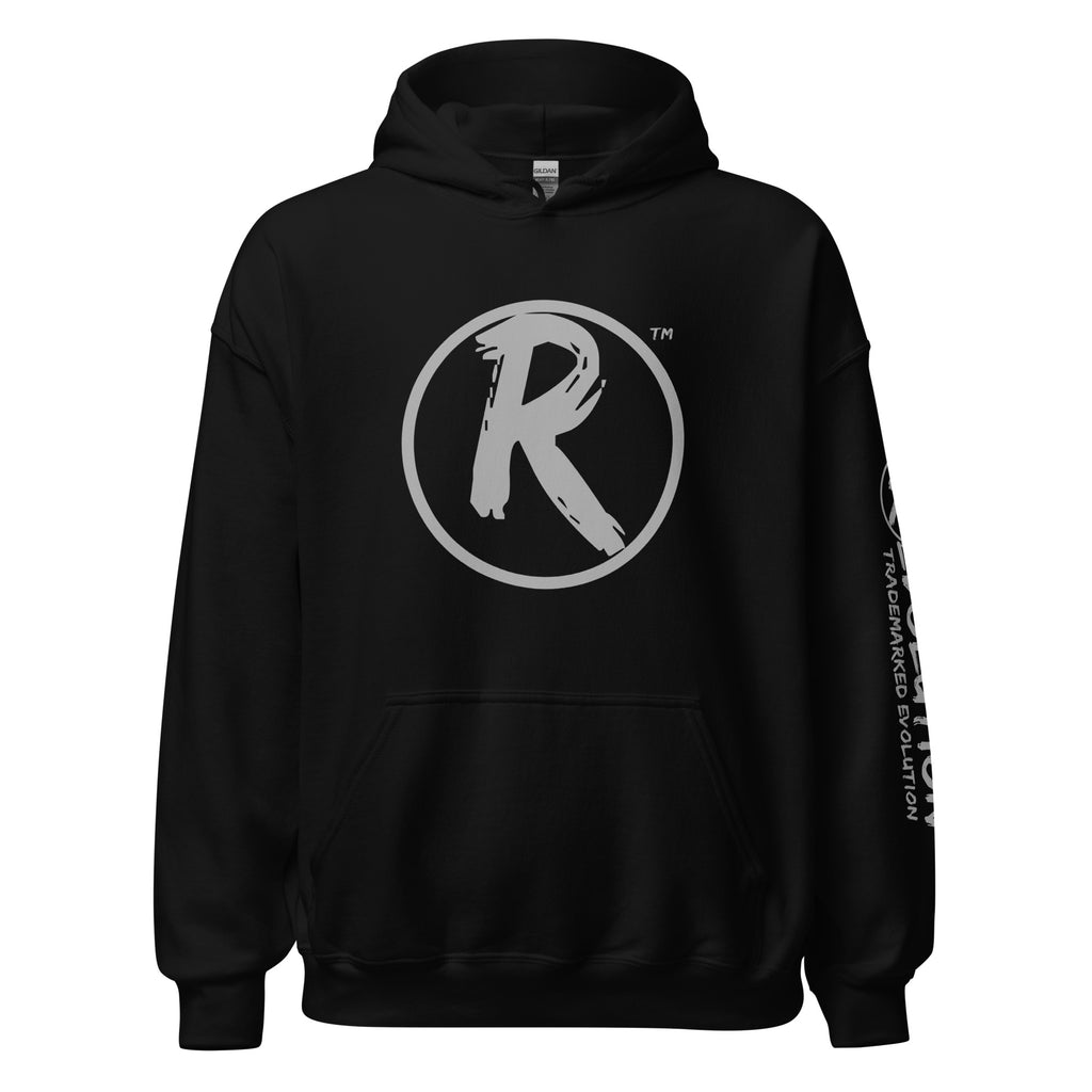 Revolution streetwear black classic hoodie gray RESIST MANUFACTURED CONSENT graphics front view