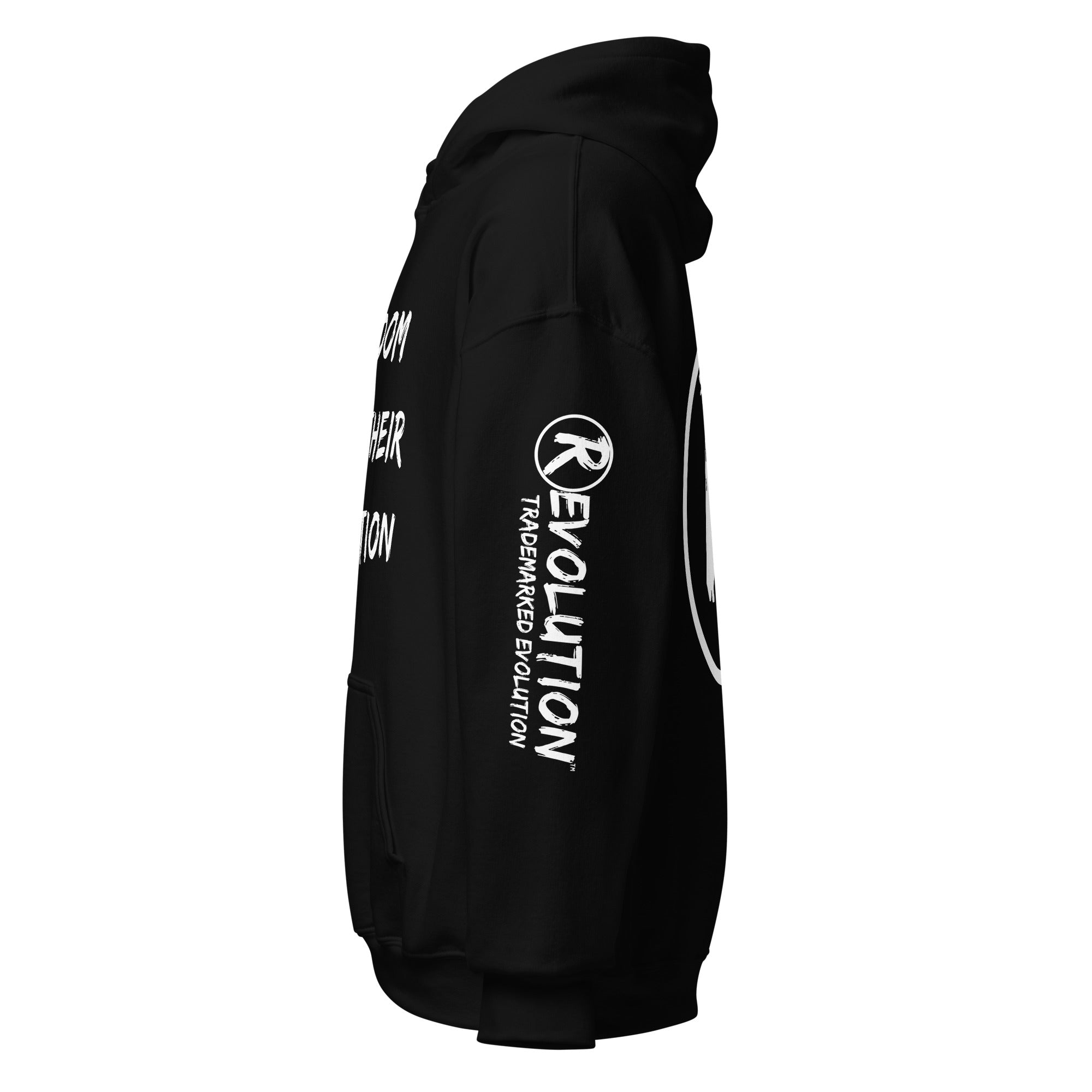 Revolution streetwear black classic hoodie white FREEDOM WITH THEIR EXCEPTION graphics left side view