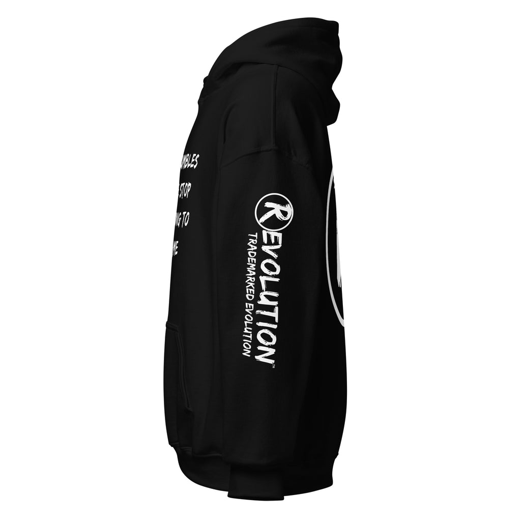 Revolution streetwear black classic hoodie white POWER CRUMBLES graphics left side view