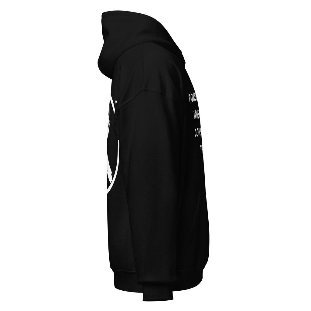 Revolution streetwear black classic hoodie white POWER CRUMBLES graphics right side view