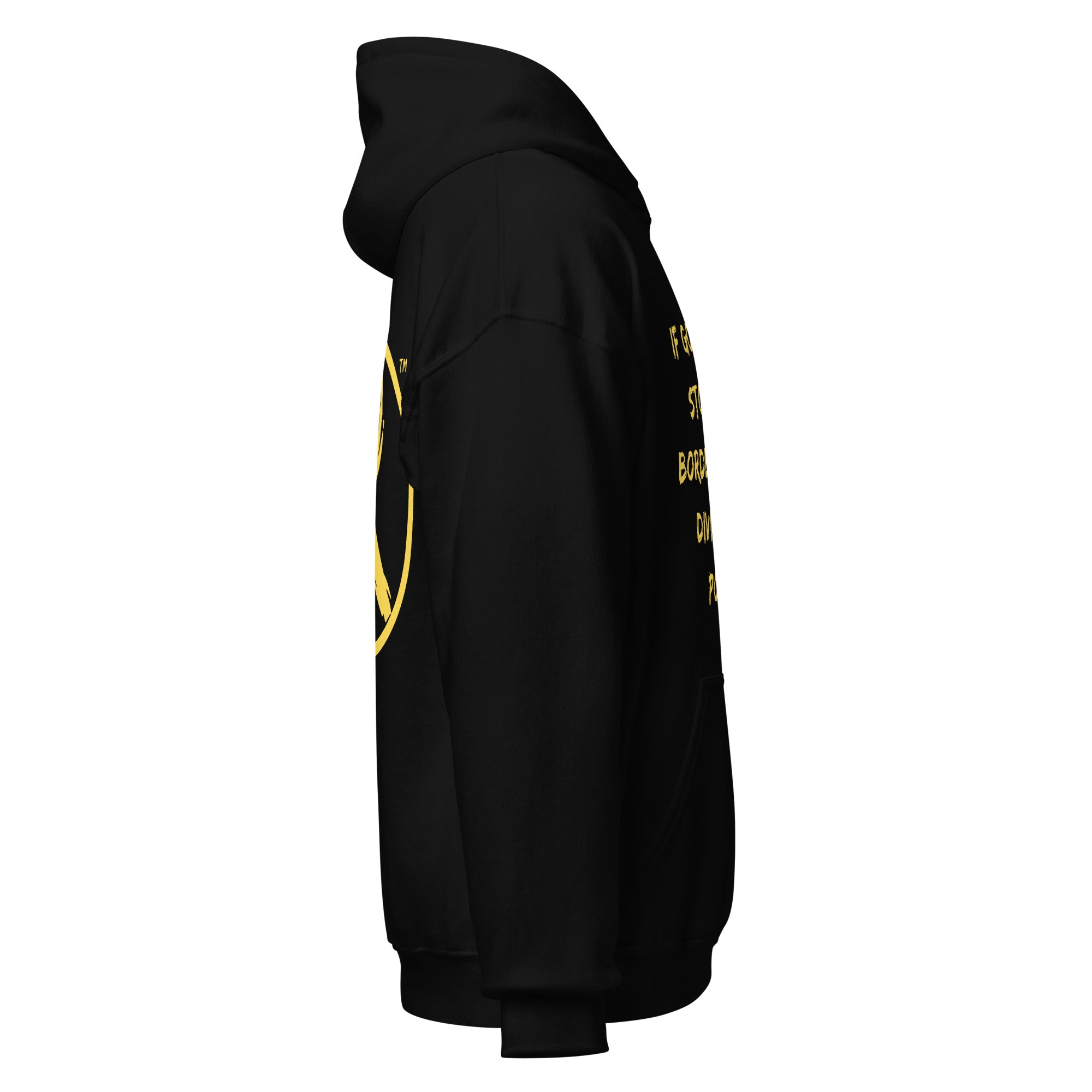 Revolution streetwear black classic hoodie yellow GOD'S LOVE graphics right side view