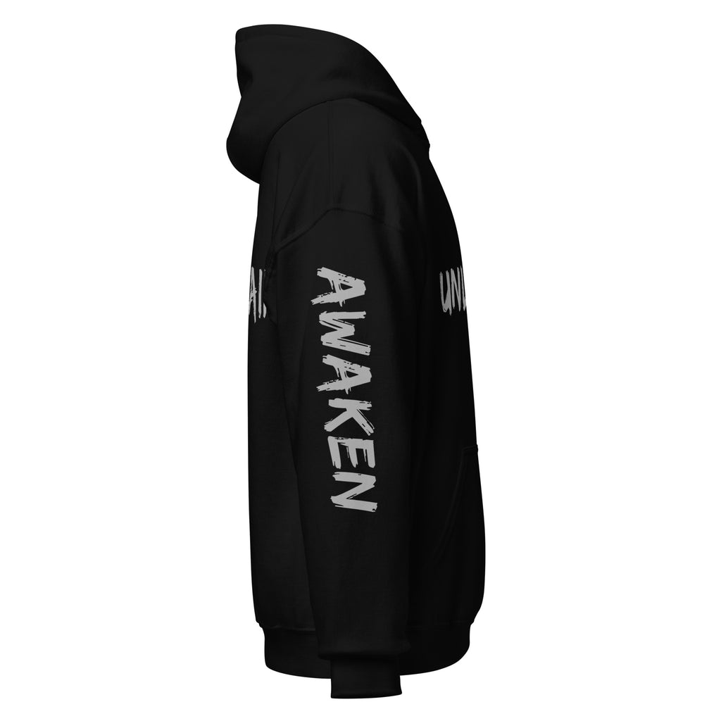 Revolution streetwear black classic hoodie gray UNLEARN AWAKEN RECLAIM graphics right side view