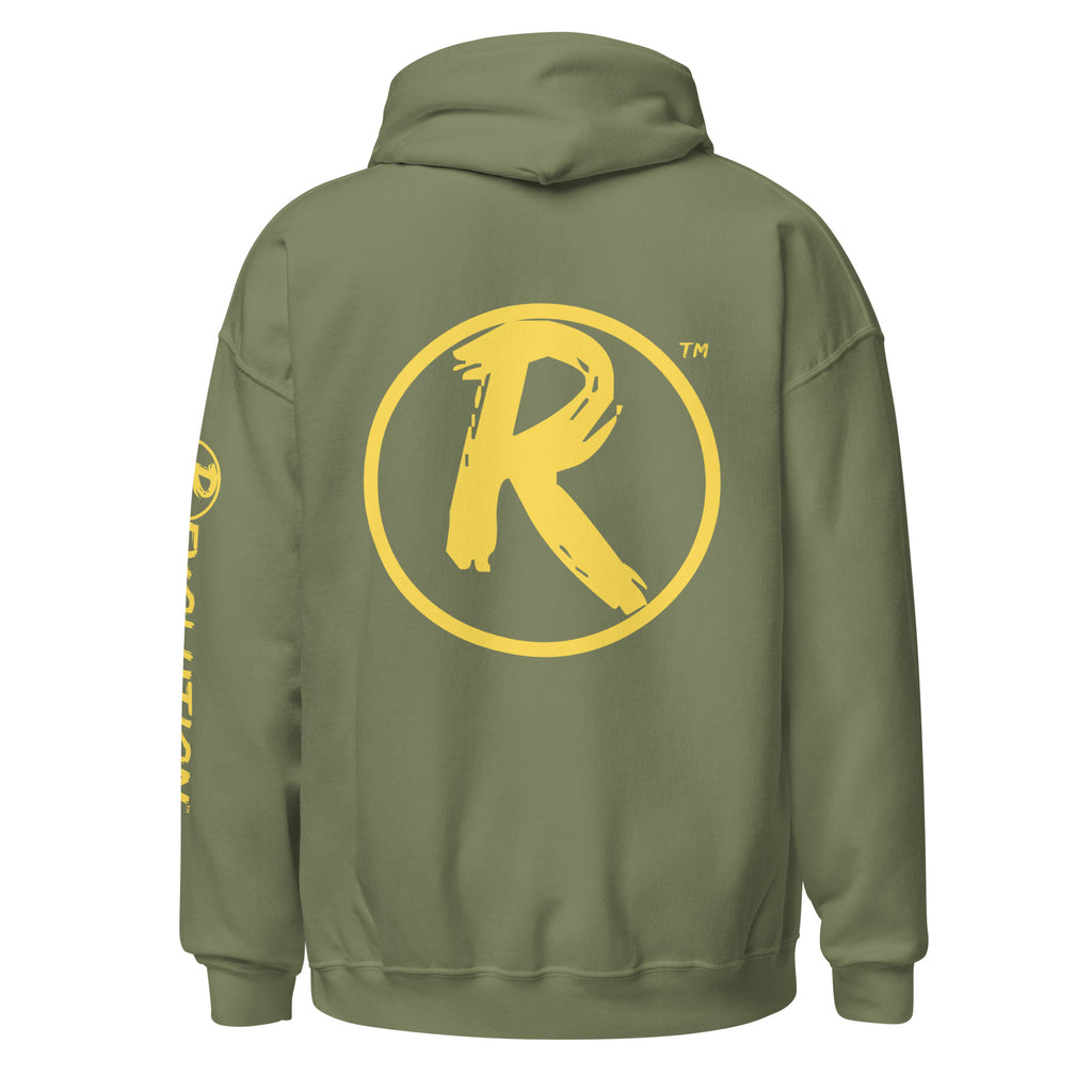 Revolution streetwear military green classic hoodie yellow IT'S ALL MADE UP graphics back view