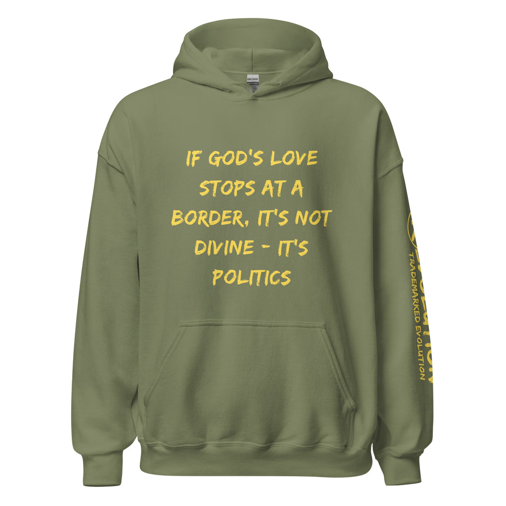 Revolution streetwear military green classic hoodie yellow GOD'S LOVE graphics front view