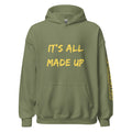 Revolution streetwear military green classic hoodie yellow IT'S ALL MADE UP graphics front view