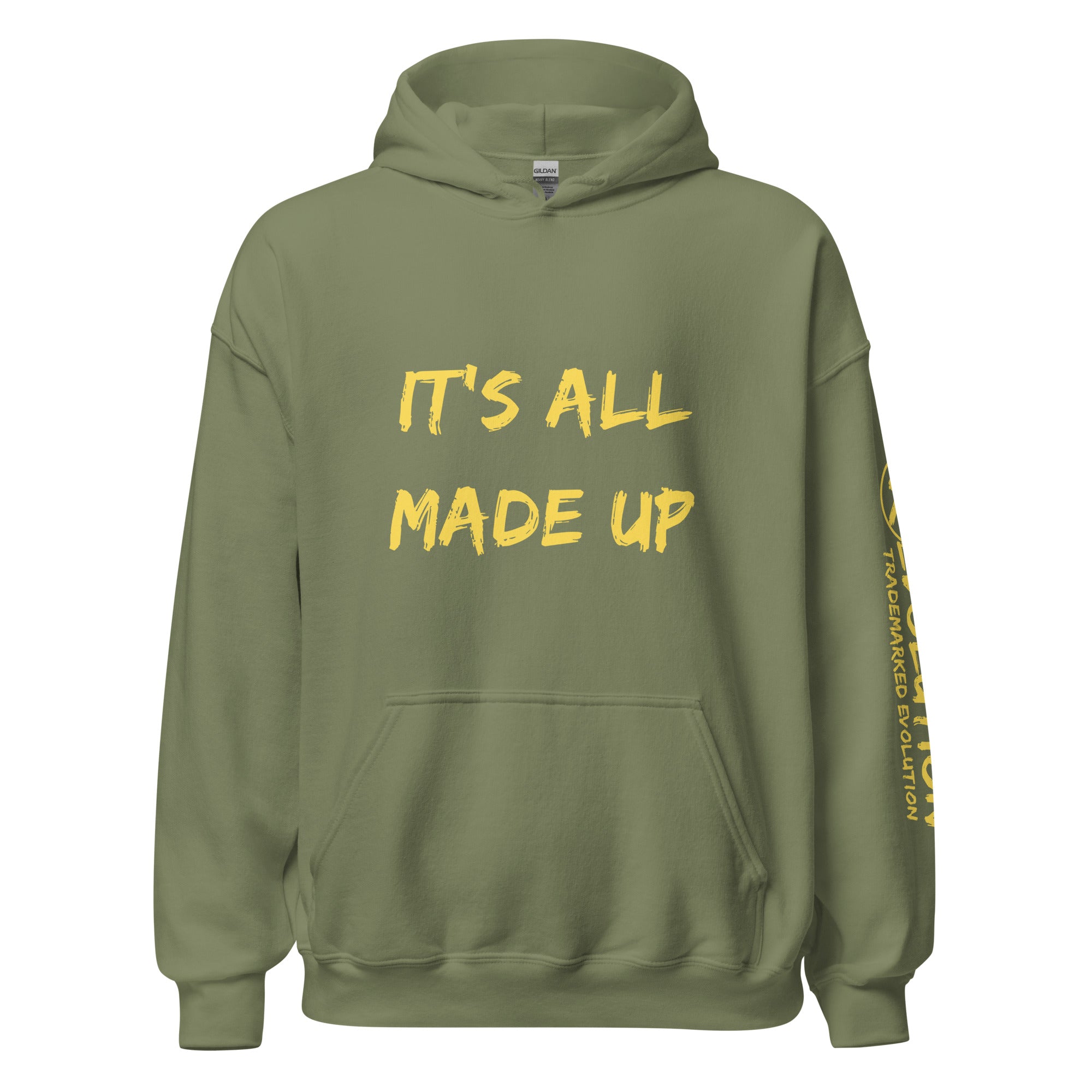 Revolution streetwear military green classic hoodie yellow IT'S ALL MADE UP graphics front view
