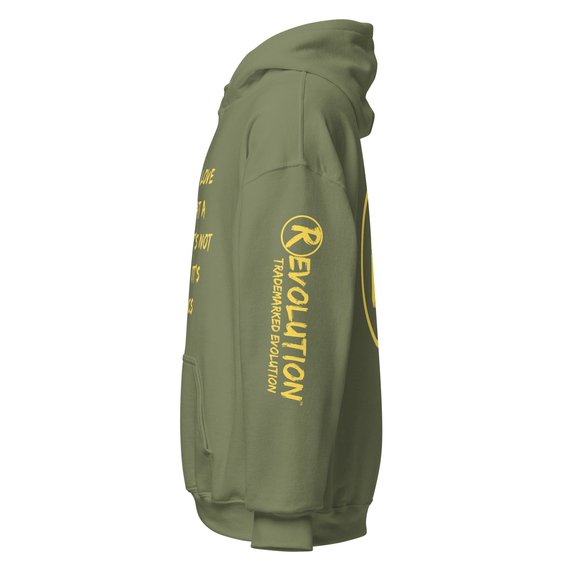 Revolution streetwear military green classic hoodie yellow GOD'S LOVE graphics left side view