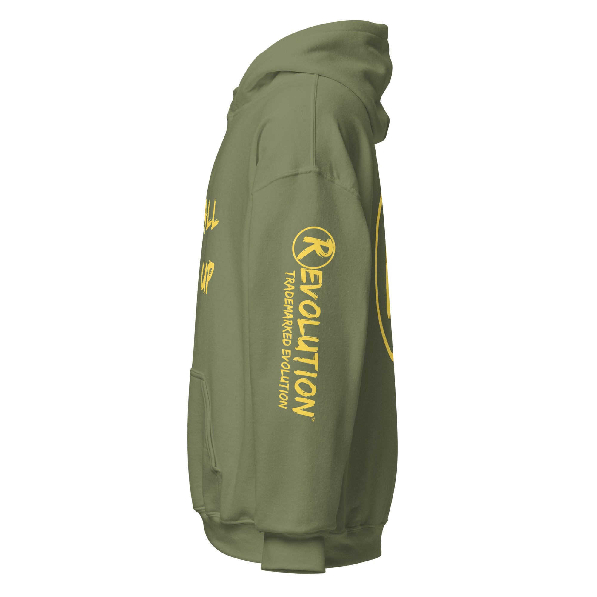 Revolution streetwear military green classic hoodie yellow IT'S ALL MADE UP graphics left side view