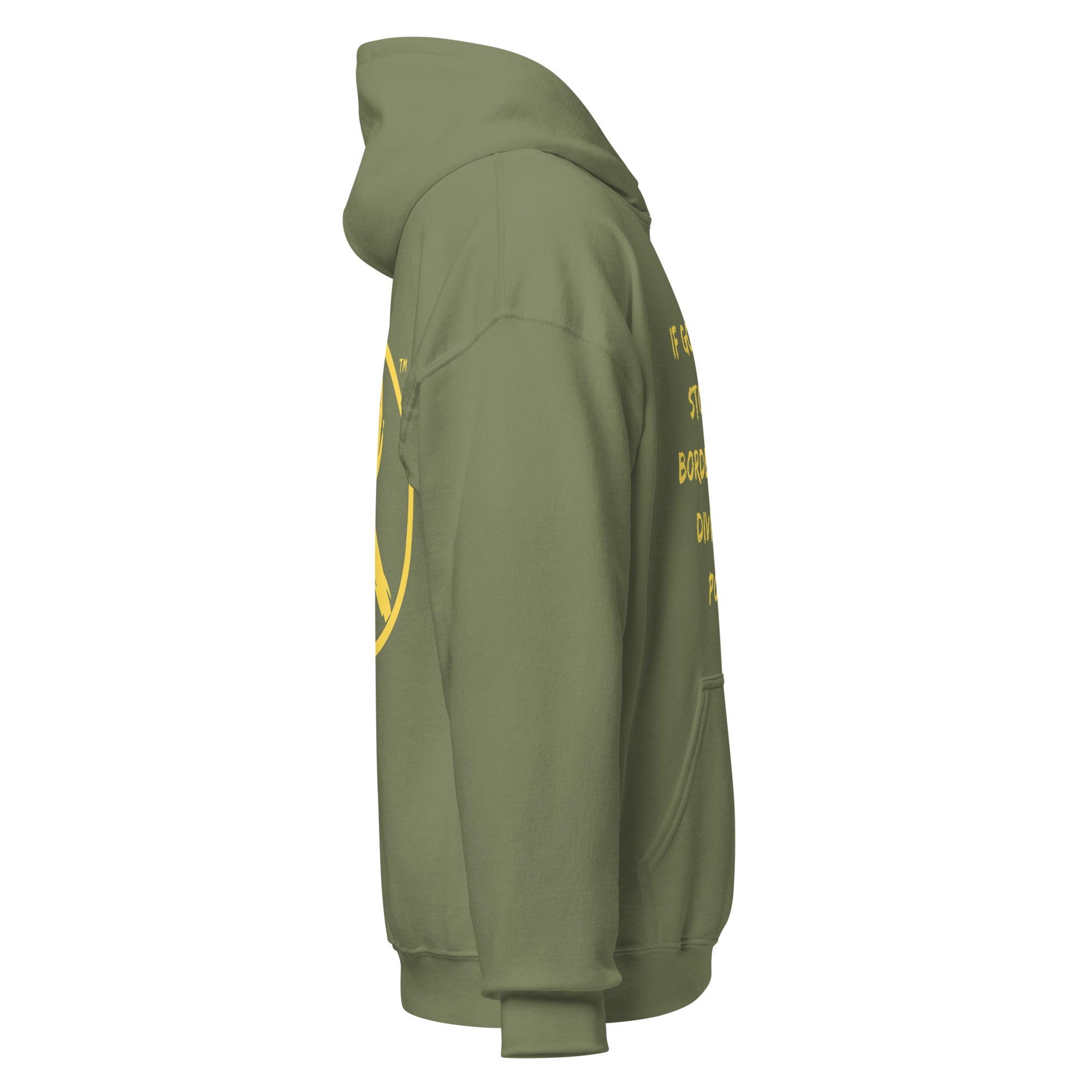 Revolution streetwear military green classic hoodie yellow GOD'S LOVE graphics right side view