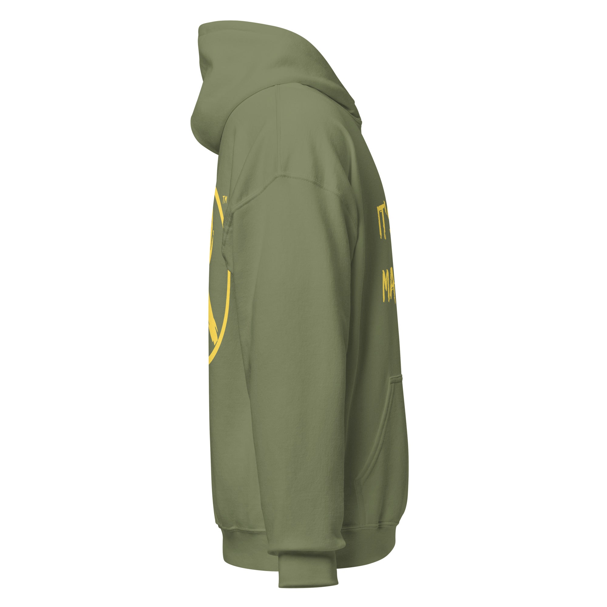 Revolution streetwear military green classic hoodie yellow IT'S ALL MADE UP graphics right side view